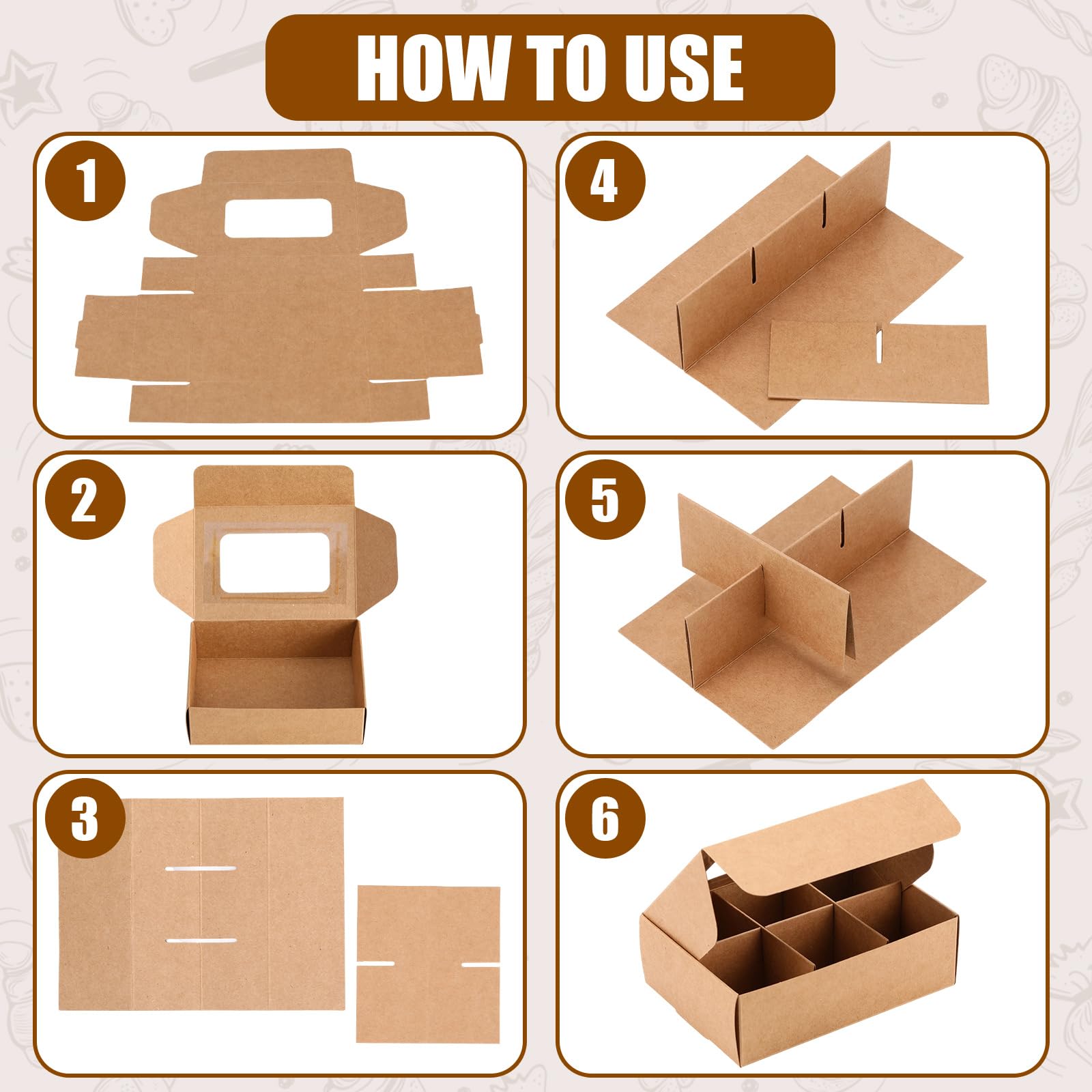Chivertion 50 Pcs Treat Boxes with Window and Dividers 5 x 3.54 x 1.57 Inches 6 Compartments Empty Candy Truffle Boxes Kraft Cup