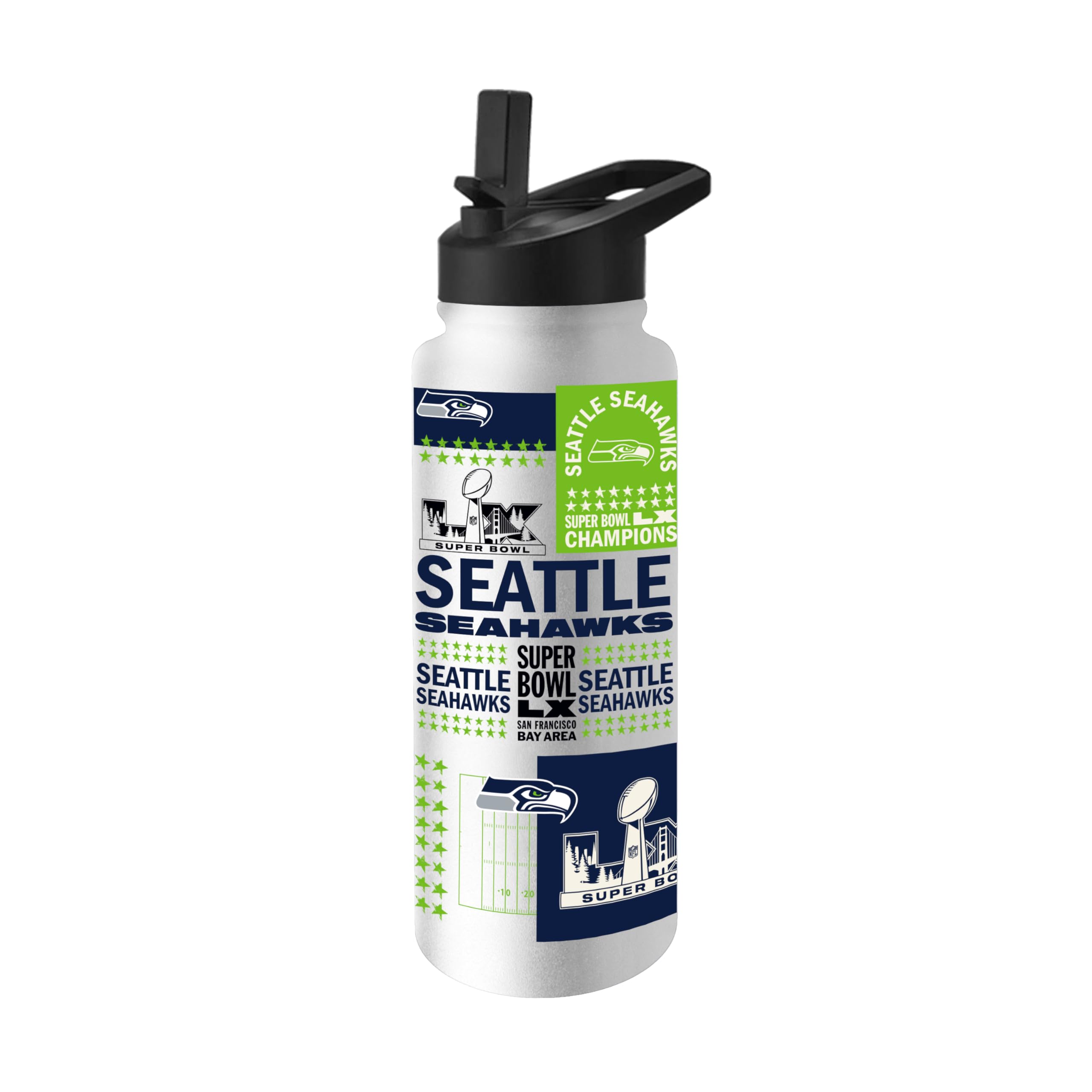 FANMATS Seattle Seahawks Super Bowl 60 Champions 34 oz Quencher Water Bottle - Built-In Straw, Official Super Bowl 60 Champs Log
