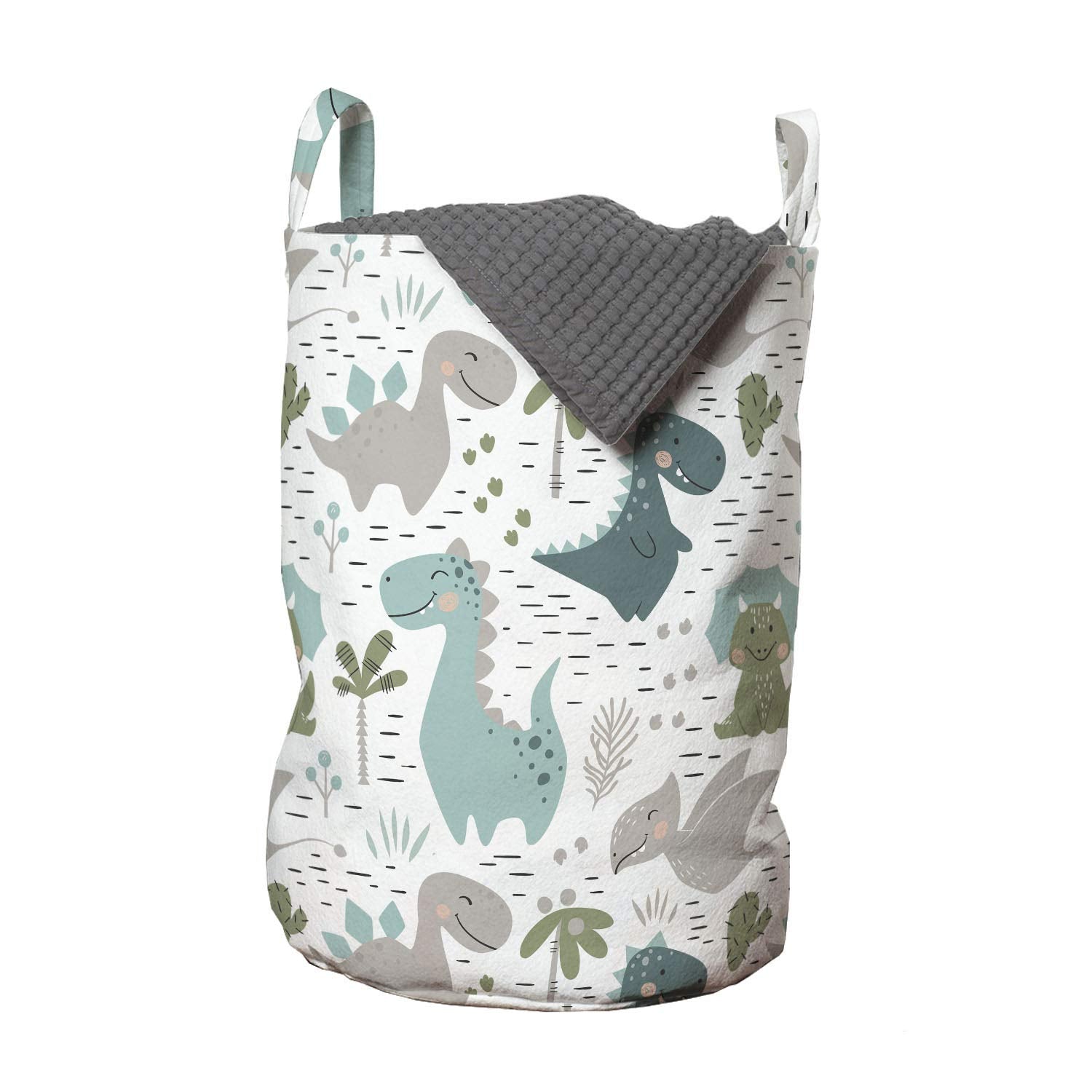 Ambesonne Cartoon Laundry Bag, Smiling Dinosaurs With Palm And Cactus, Hamper Basket With Handles Drawstring Closure For Laundro