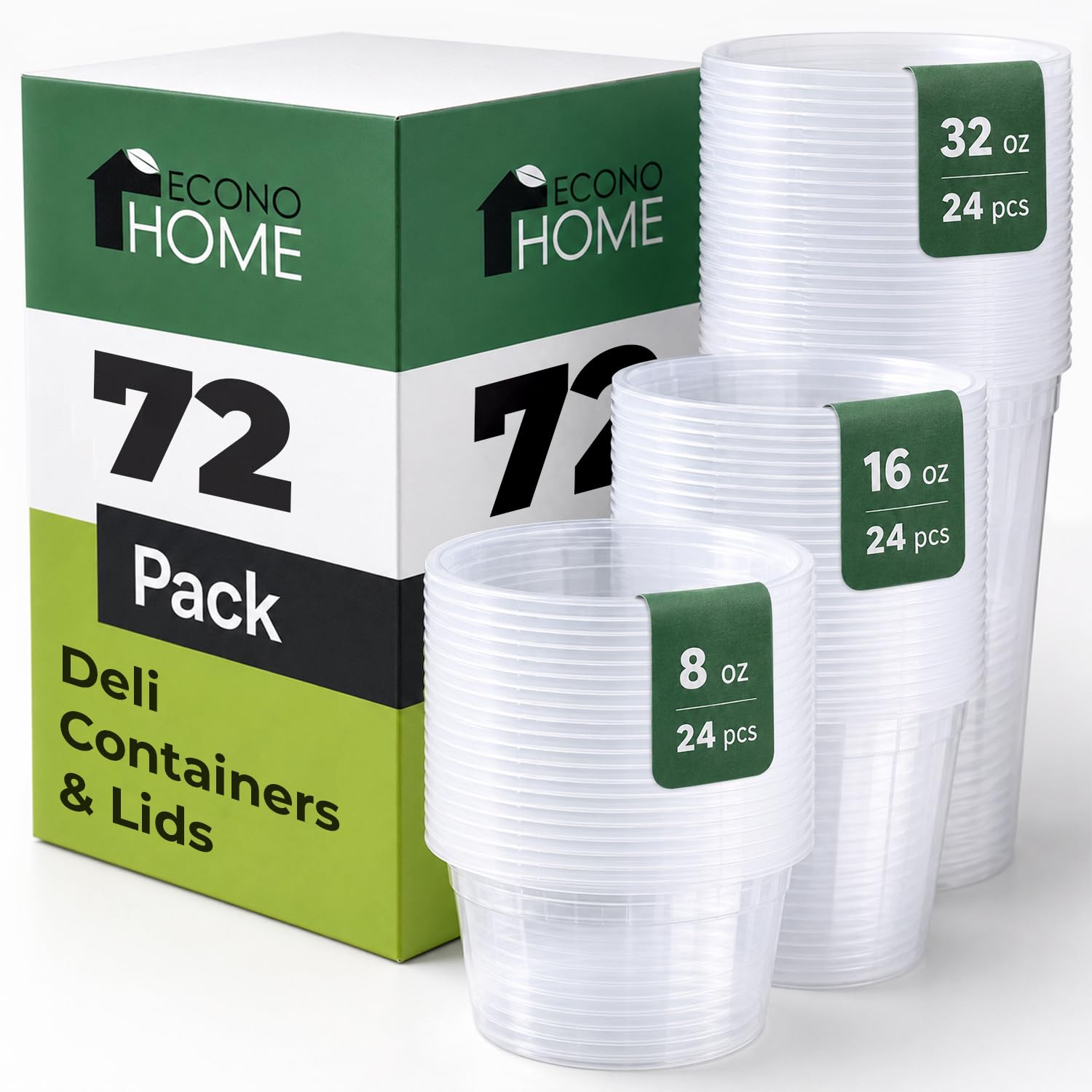 EconoHome Deli Containers with Lids 72 Pack  24x8oz, 24x16oz, 24x32oz  BPAFree, Microwave & Freezer Safe Clear Plastic Food S