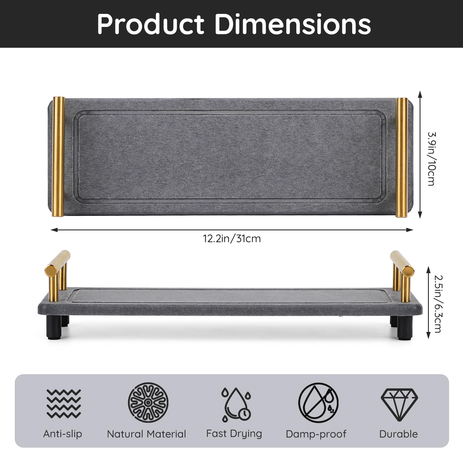 Segbeauty Instant Dry Sink Caddy, Water Absorbing Stone Drying Tray For Kitchen Counter, Quick Dry Diatomaceous Tray Countertop