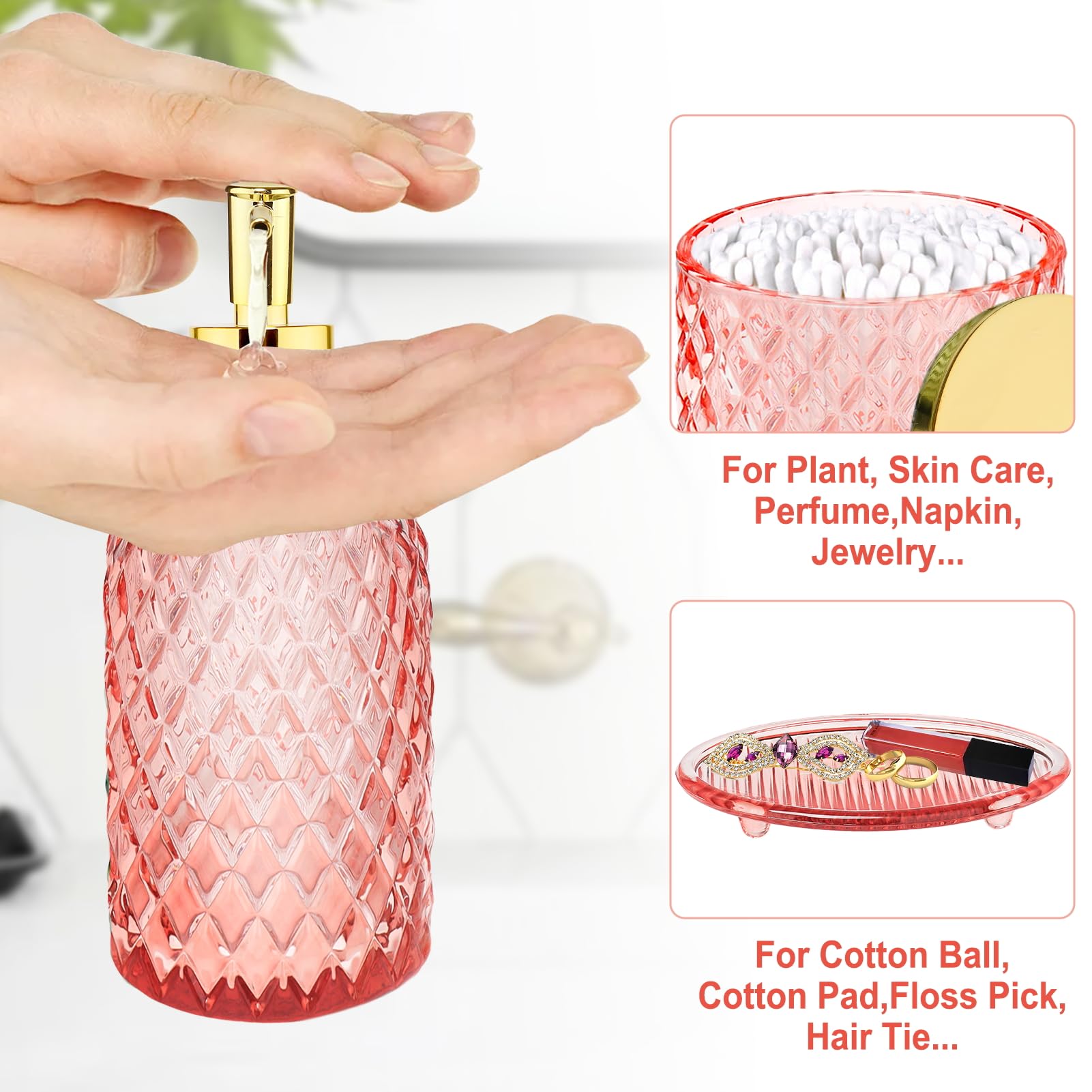 Haturi Pink Bathroom Accessories Set, 4 Pcs Glass Bathroom Accessory Set Complete W/Soap Dispenser, Toothbrush Holder, Qtip Hold