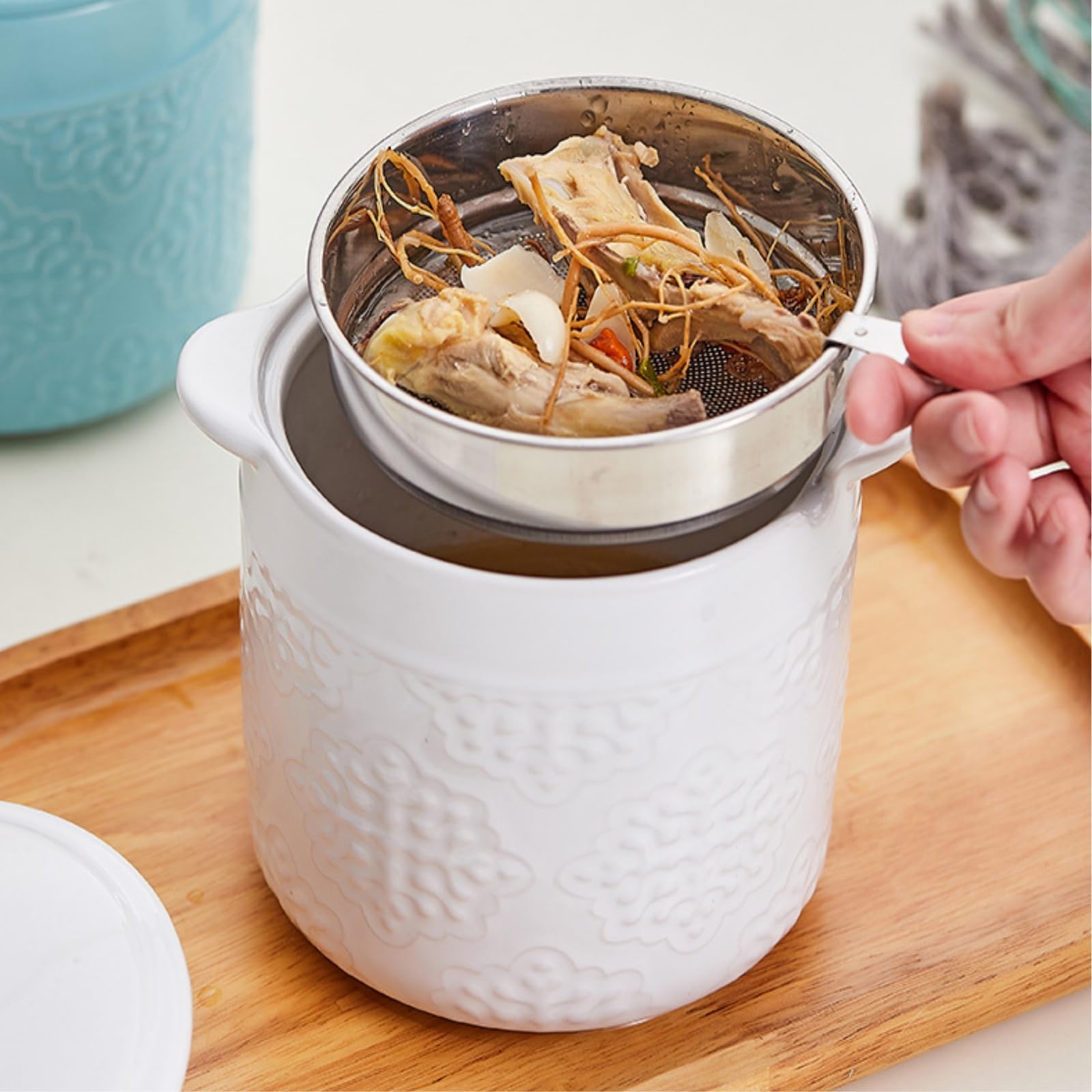 Lyellfe Ceramic Bacon Grease Container, 1.2L Oil Filter Pot, White, 6''D x 4.7''H, Ideal for Used Cooking Oil and Fat Frying