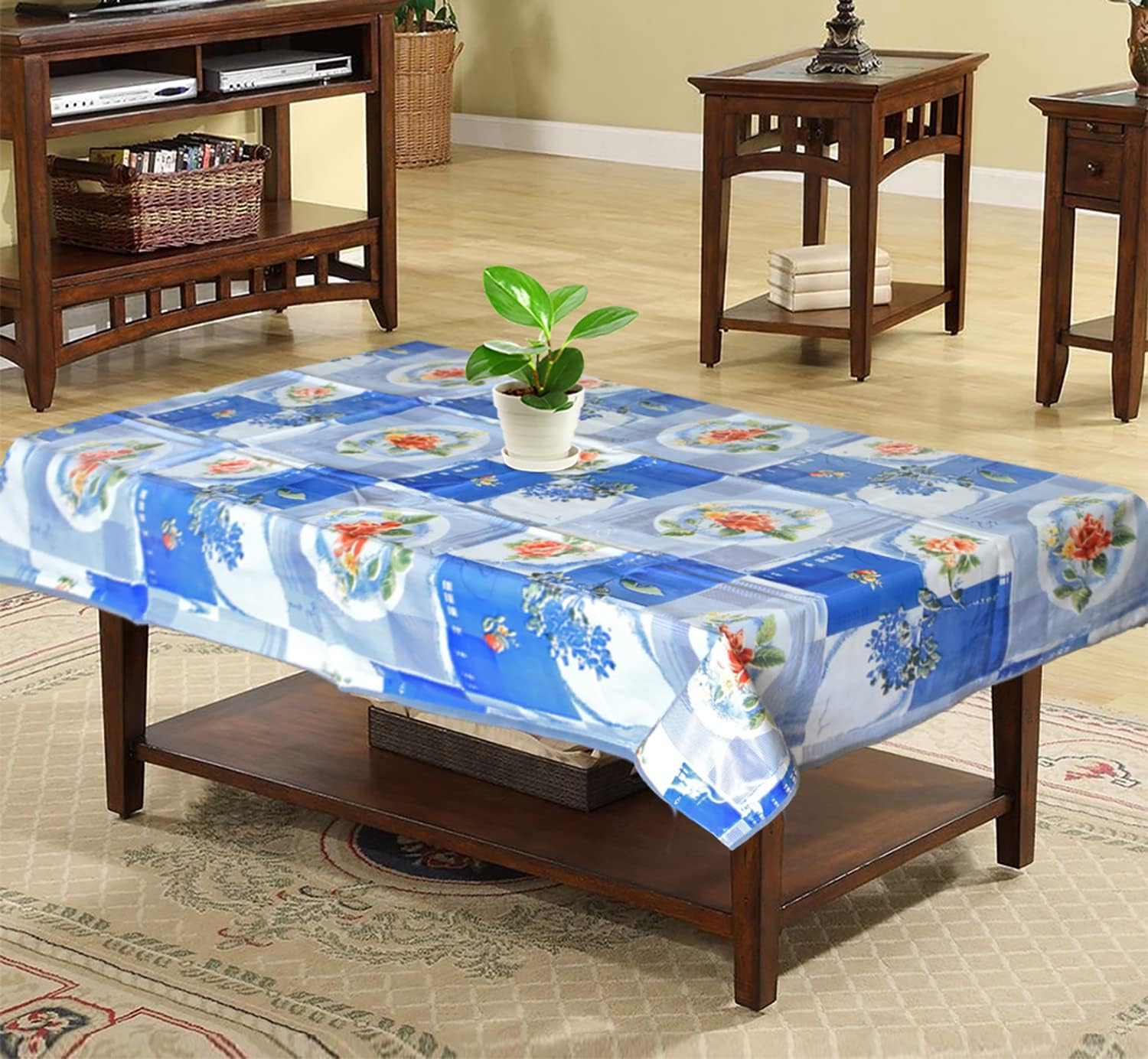 Dakshya Industries Printed PVC Waterproof Floral 4 Seater Ractangle Center Table Cover Size 36x54 Inch (Blue)