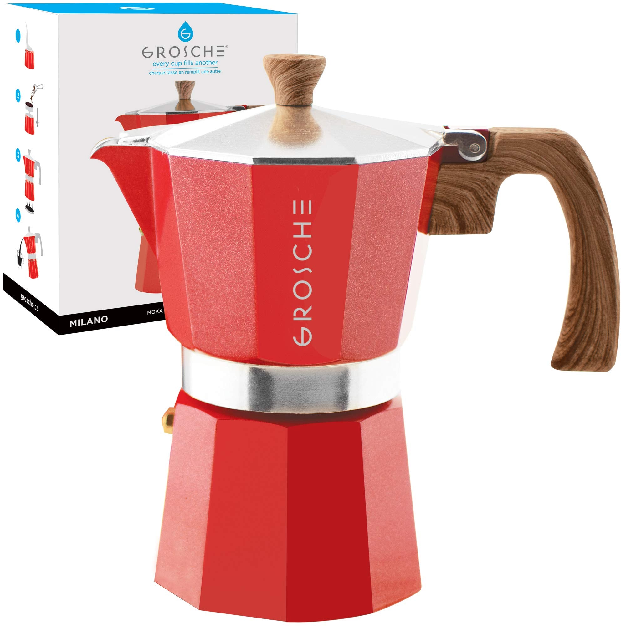Grosche Milano 6 Espresso Cup, 9.3 Oz Red Stovetop Espresso Maker - Italian Moka Pot