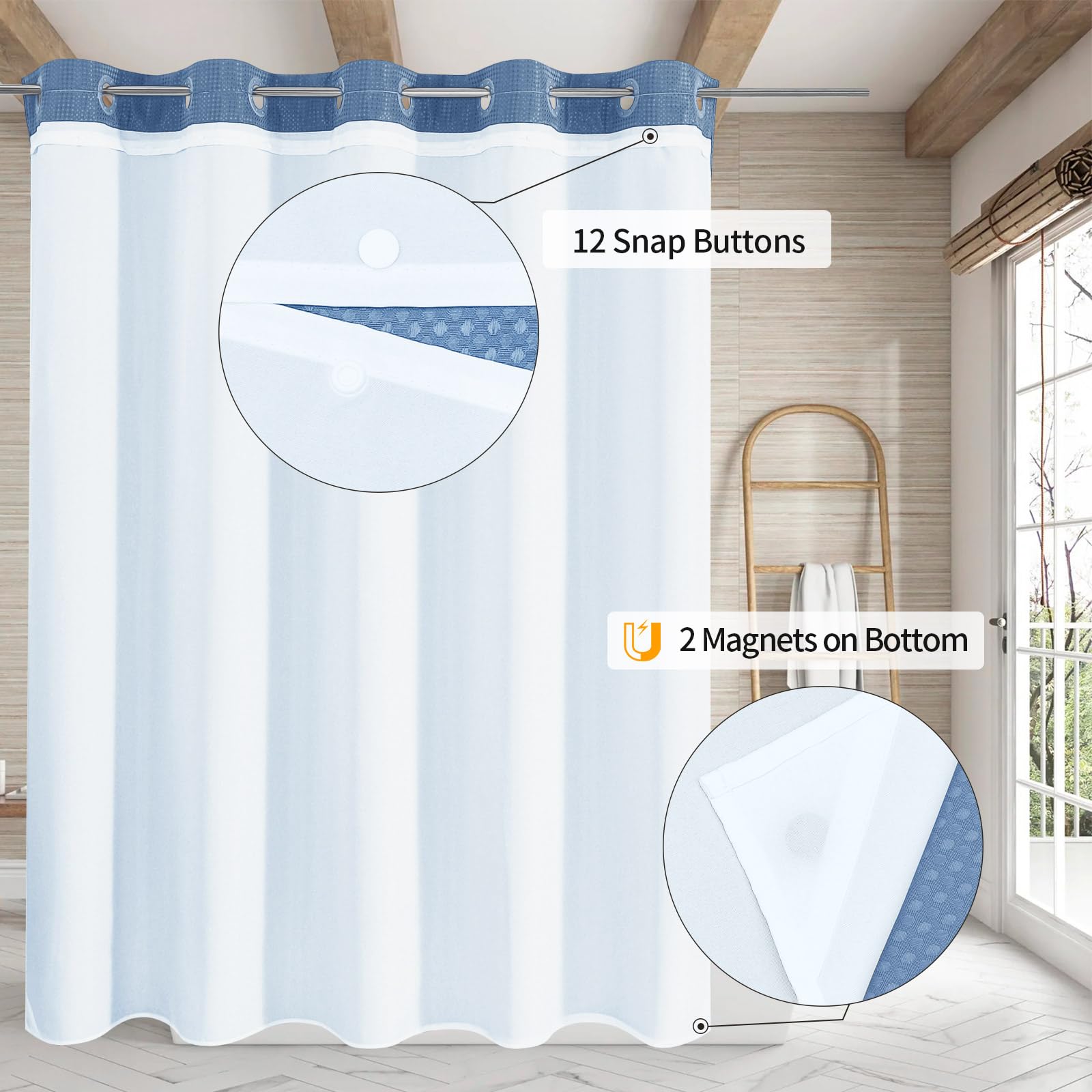 Mitovilla Blue Long Shower Curtain 72 X 80, No Hooks Needed 80 Inch Long Heavyweight Waffle Fabric Shower Curtain Set With Snap-