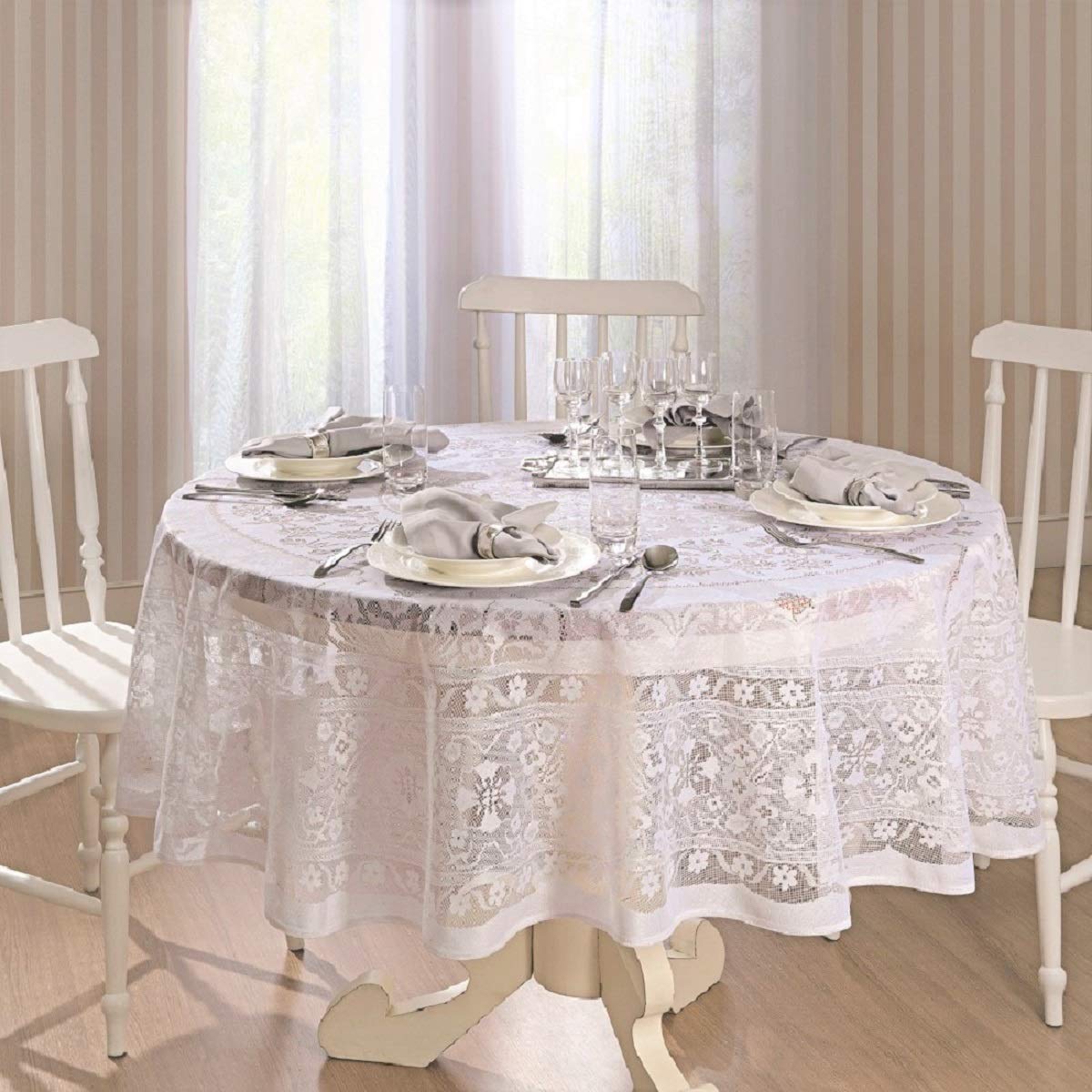 Adonisusa 70 Inch Round White Lace Tablecloth For Seating Of About 4-6 People