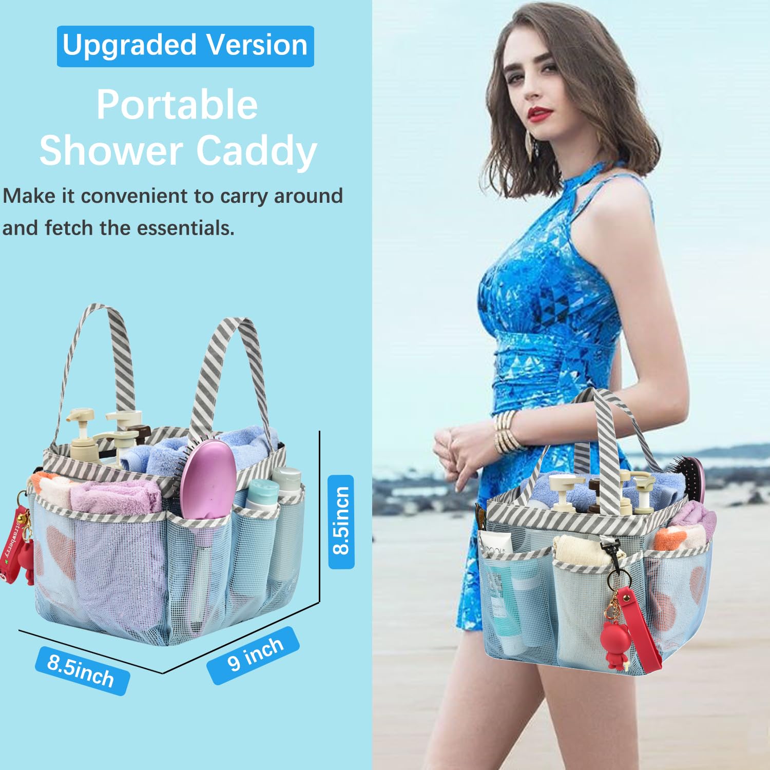 Haundry Mesh Shower Caddy Tote  Portable Shower Caddy Bag with 8 Pockets for College Dorm Room Essentials  Beach  Swimming  Gym