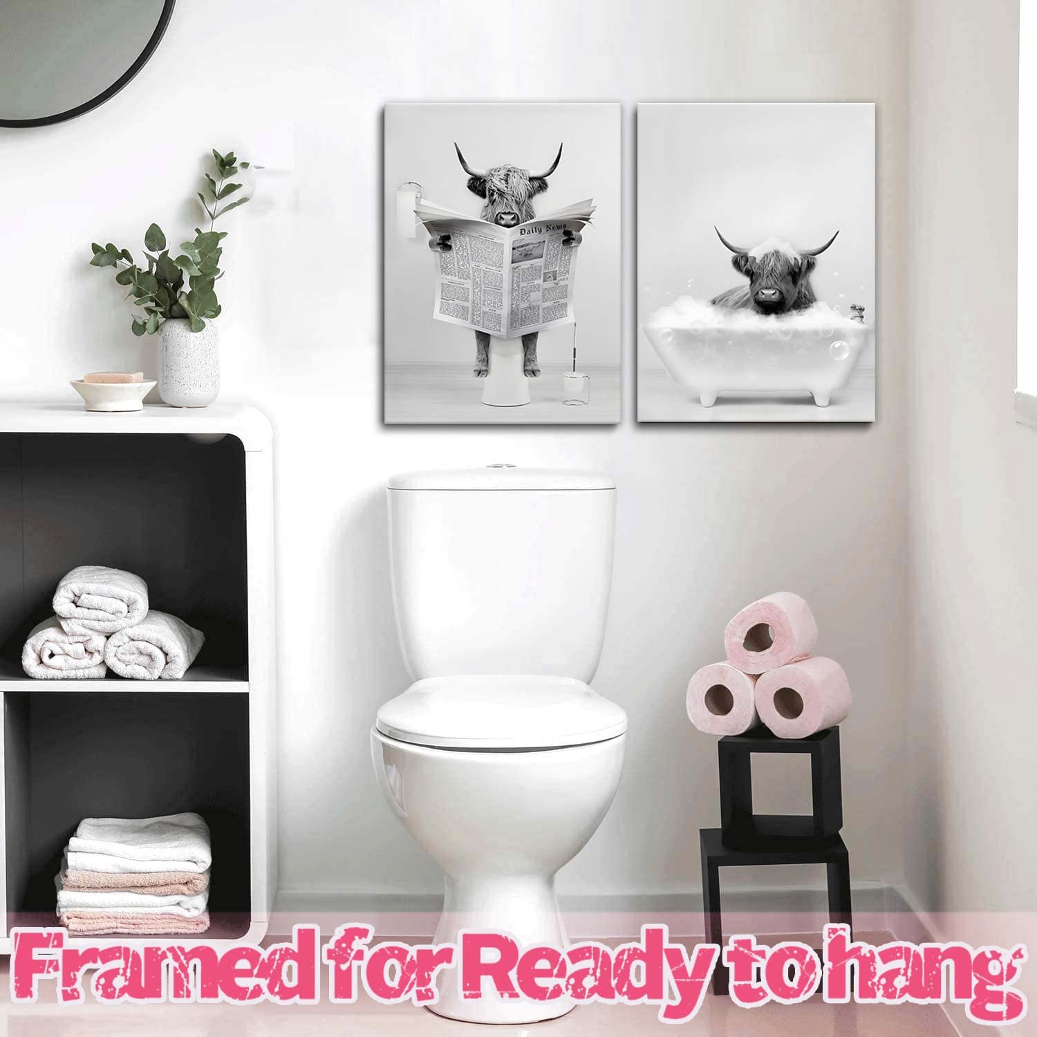 Framed 2 Pieces Bathroom Wall Art Funny Highland Cow Canvas Cow In Bathtub Prints Cute Animal Abstract Prints Modern Home D  Cor