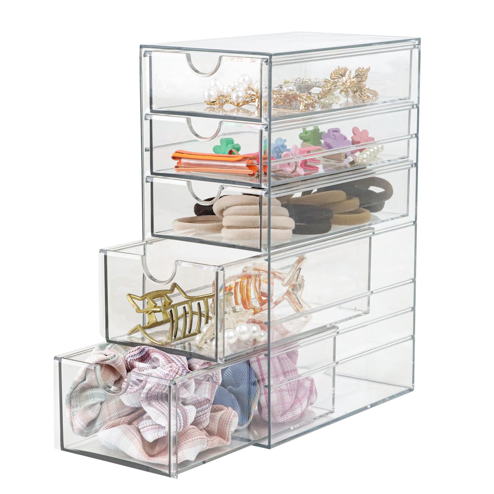 Plastic Drawer Storage with 5 Different Sizes Drawers, Clear Light Gray Hair Accessories Organizer, Transparent Bathroom Organiz
