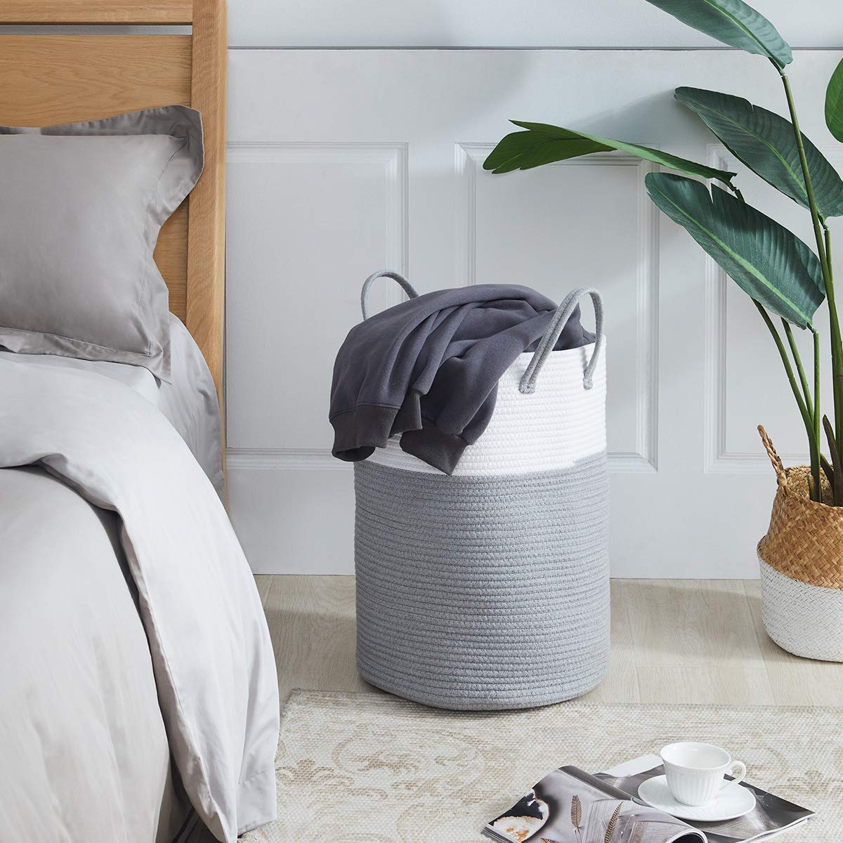 cotton Rope Laundry Hamper by YOUDENOVA  58L - Woven collapsible Laundry Basket - clothes Storage Basket for Blankets  Laundry Room Organizing  Bedroom Storage  clothes Hamper - grey & White