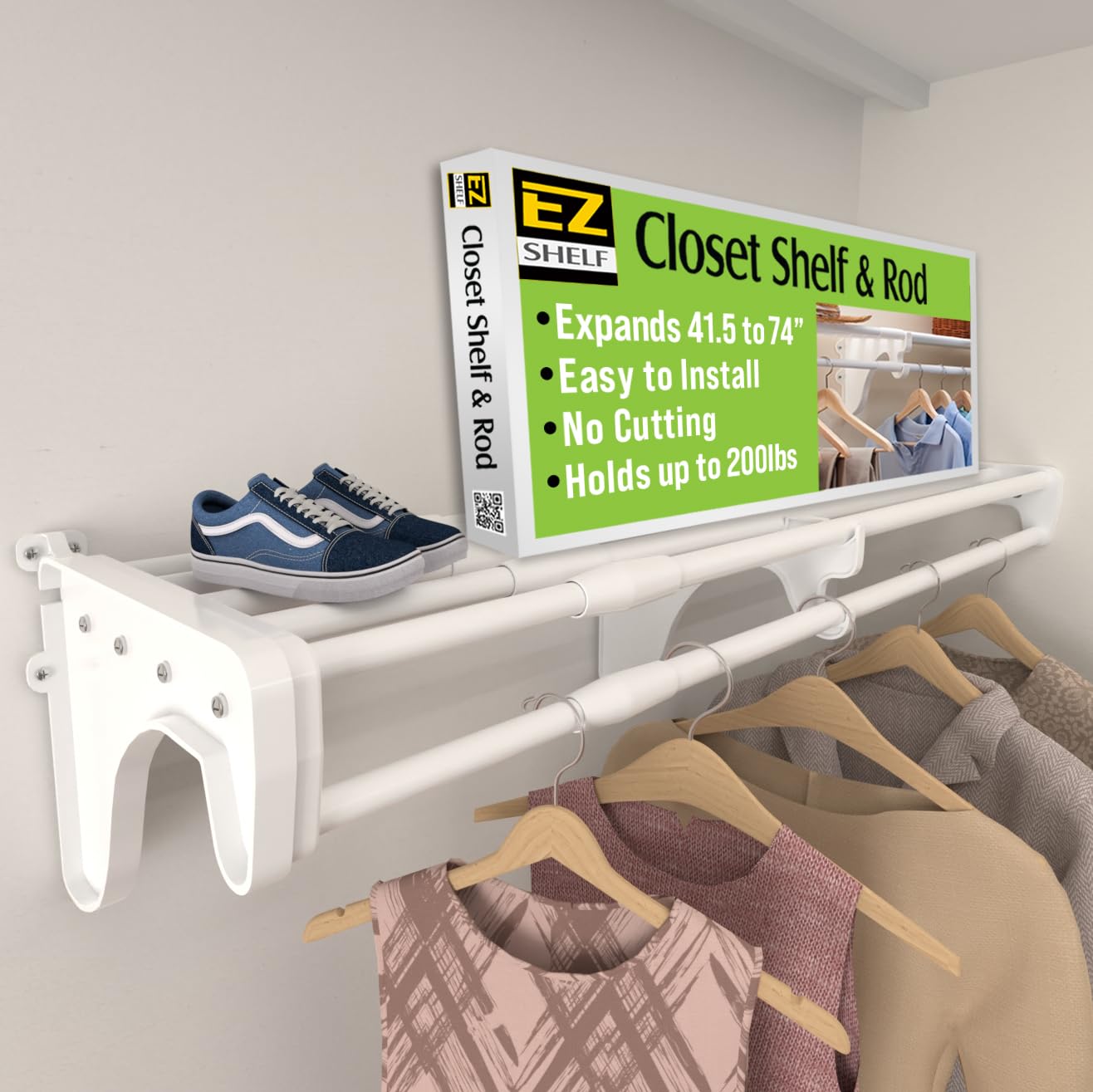 EZ Shelf-Expandable-Closet Shelf with Hanging Rod-41.5? to 74''-White-Easy Install to 1 Sidewall and Backwall-(EZS-SCRW72-1-1)-Wire Closet Shelving Alternative