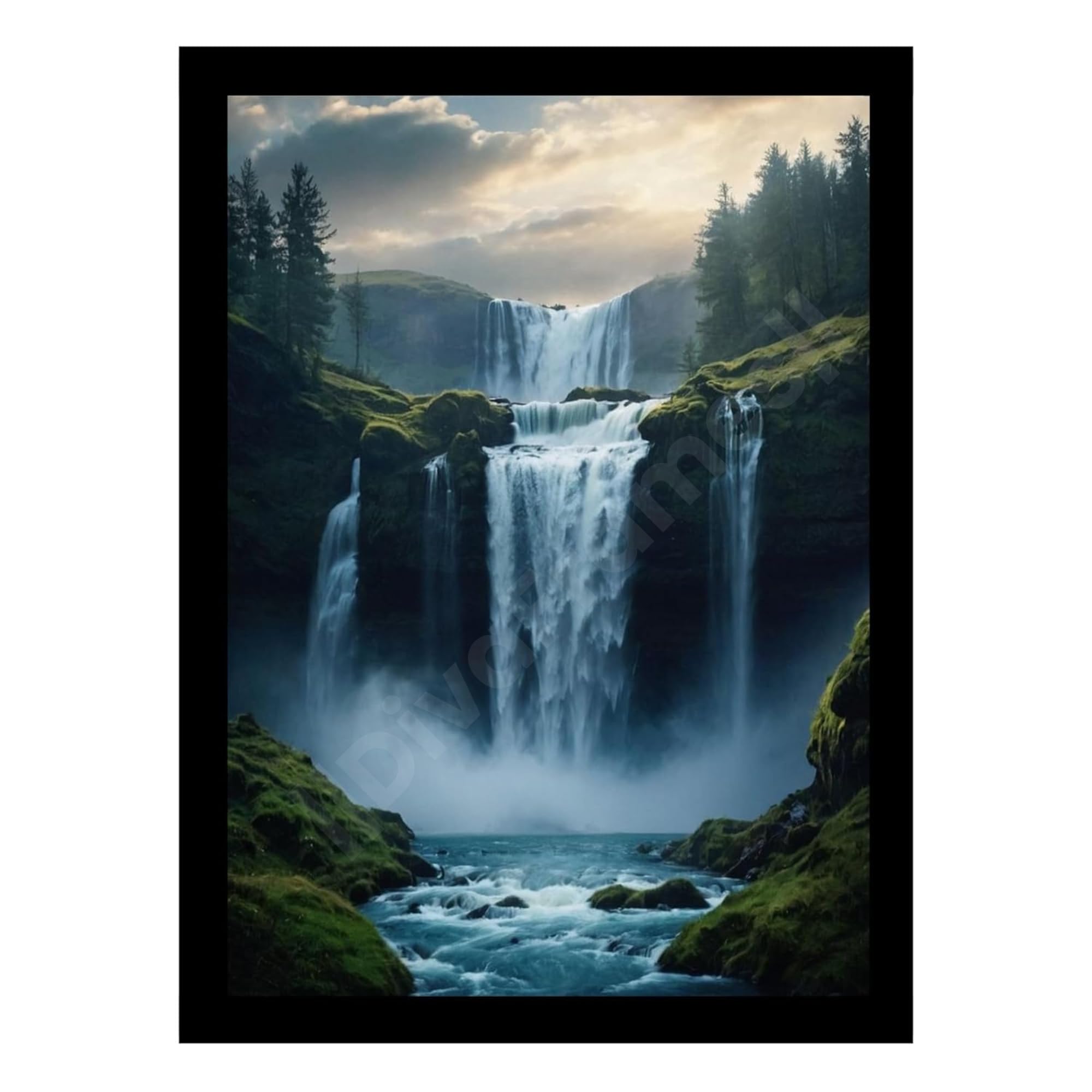 Divaframes Waterfall Painting For Vastu  Black Wooden Frame Wall Art (10 X 14 Inches) | Ideal For Living Room Dcor