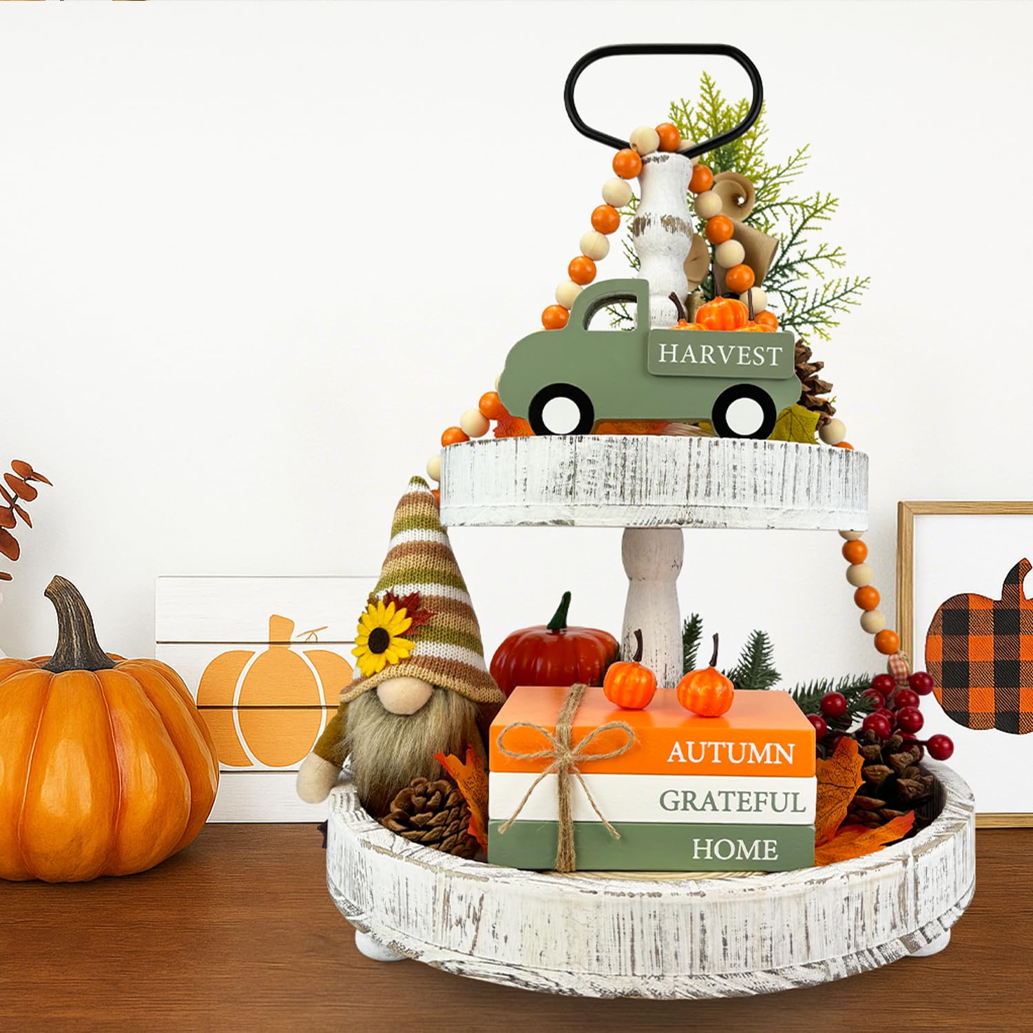 Thanksgiving Decorations for Home Indoor, Wooden Farmhouse Harvest Decor Signs with Book Stack, 3D Truck, 5 Pumpkins for Office