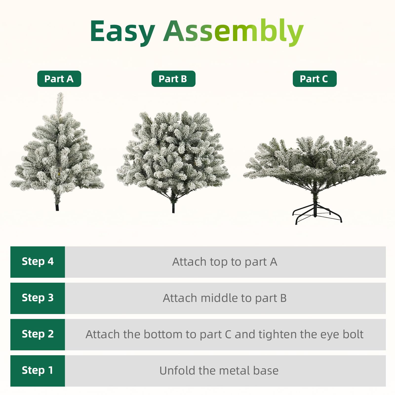 Aovotreena 6ft Pre-Lit Snow Flocked Christmas Tree with 300 White Lights, 840 Full PVC Branch Tips,Mixed Green & White, Hinged Q