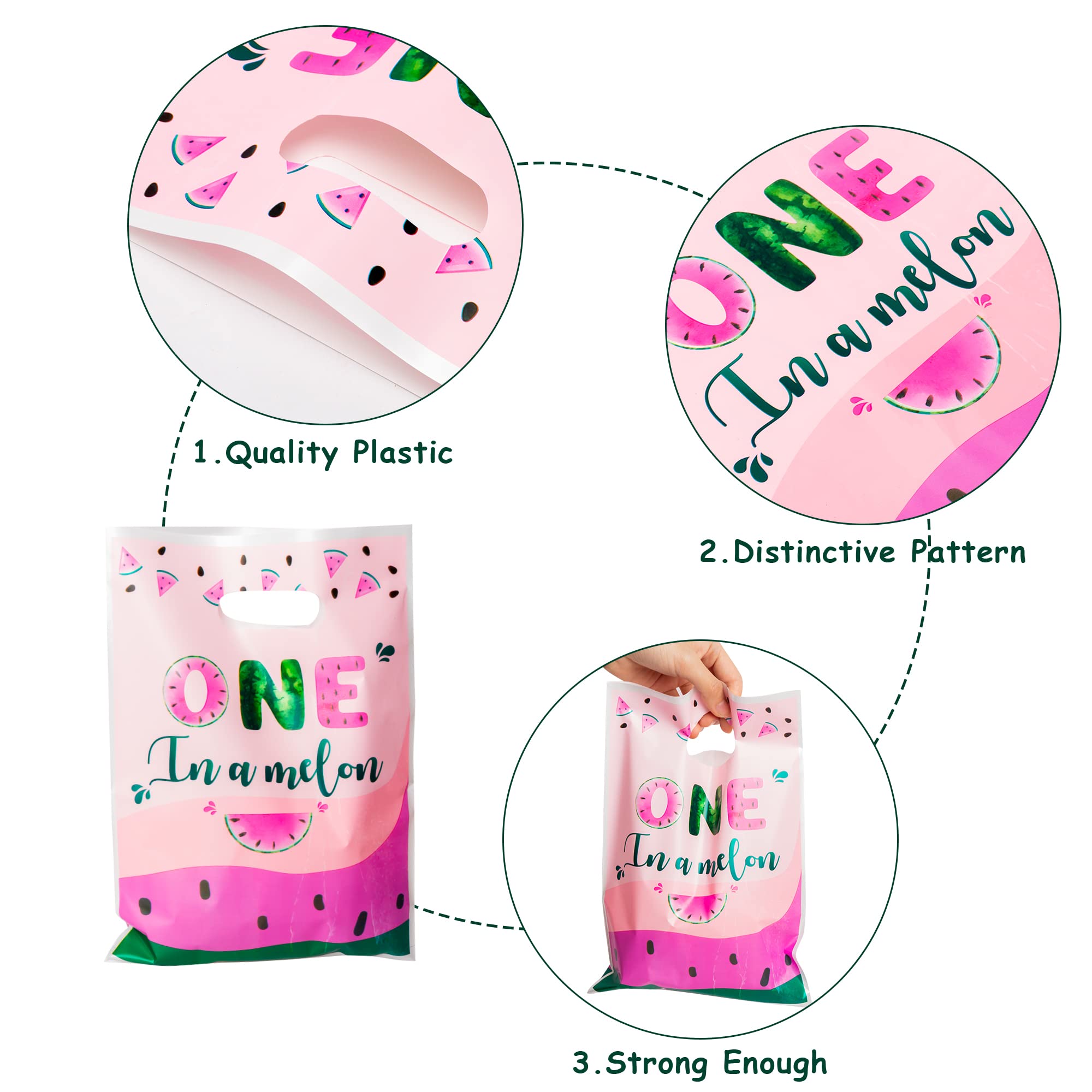 3Sscha 50Pcs One In A Melon Party Favor Bag Watermelon Themed Waterproof Goodie Bag With Die Cut Handles Summer Glossy Plastic C