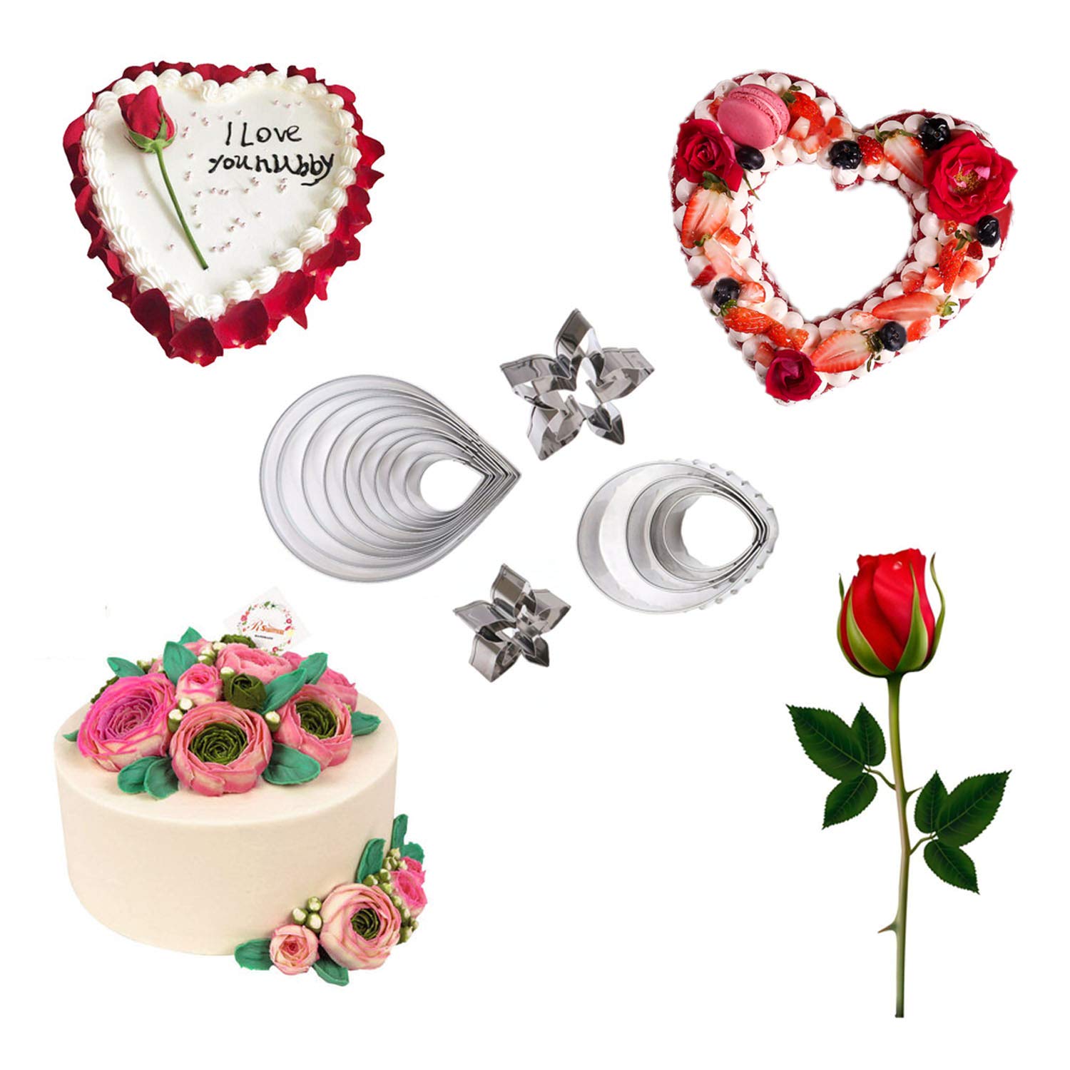 18Pcs Gumpaste Flower Mold Austin Rose Petal Calyx Leaf Cutter Set Sugarcraft Fondant Modelling Tools For Cake Decorating, Choco