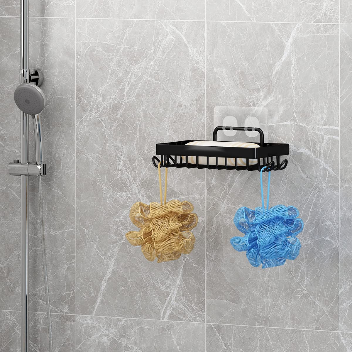 Soap Dish Soap Holder With Hooks For Shower, Rust Proof 304 Stainless Steel, Adhesive No Drilling, Black