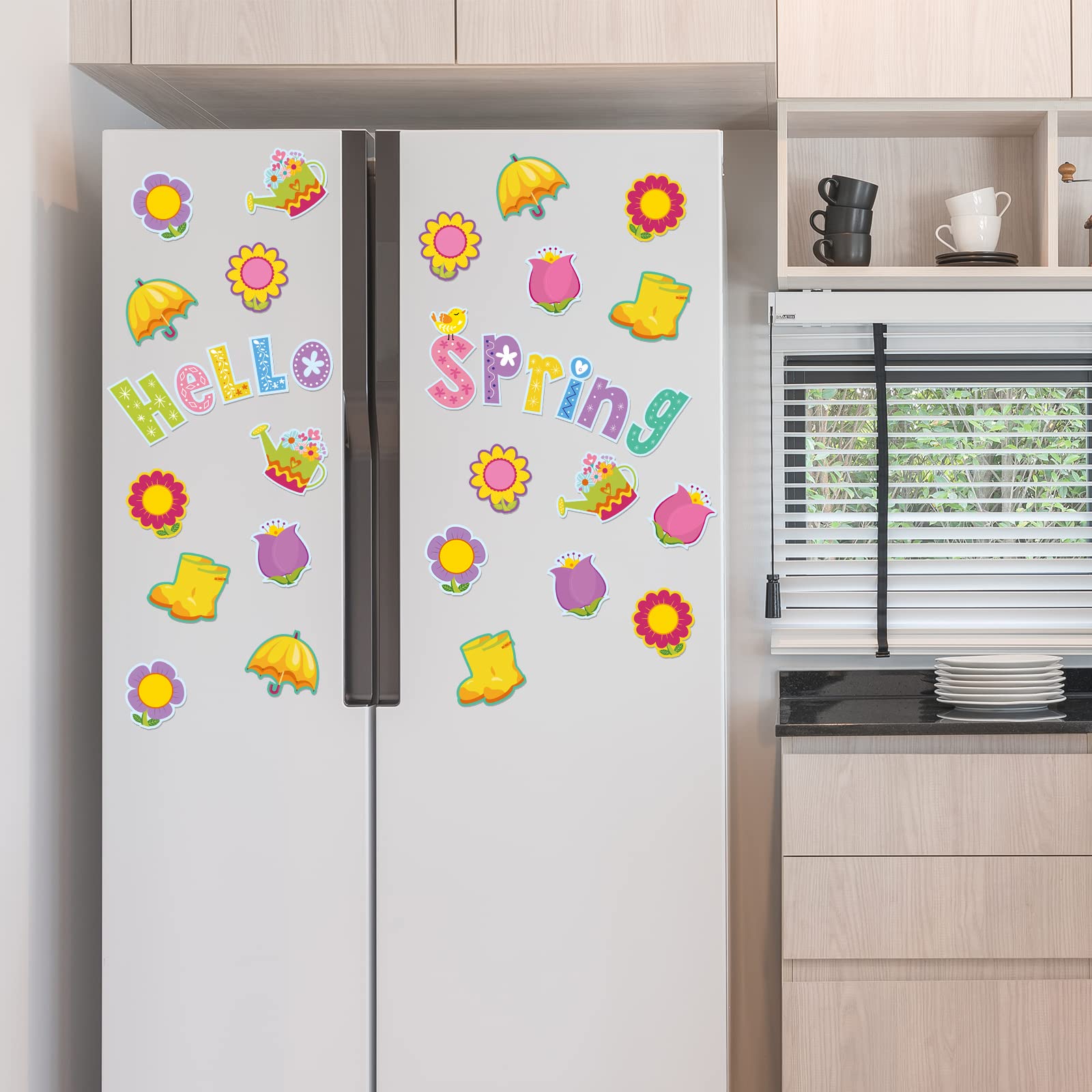 Whaline 23Pcs Hello Spring Refrigerator Magnets Spring Flower Blossoms Umbrella Pattern Fridge Magnets Colorful Floral Metal Magnetic Stickers for Spring Car Metal Door Garage Cabinet Mail Box