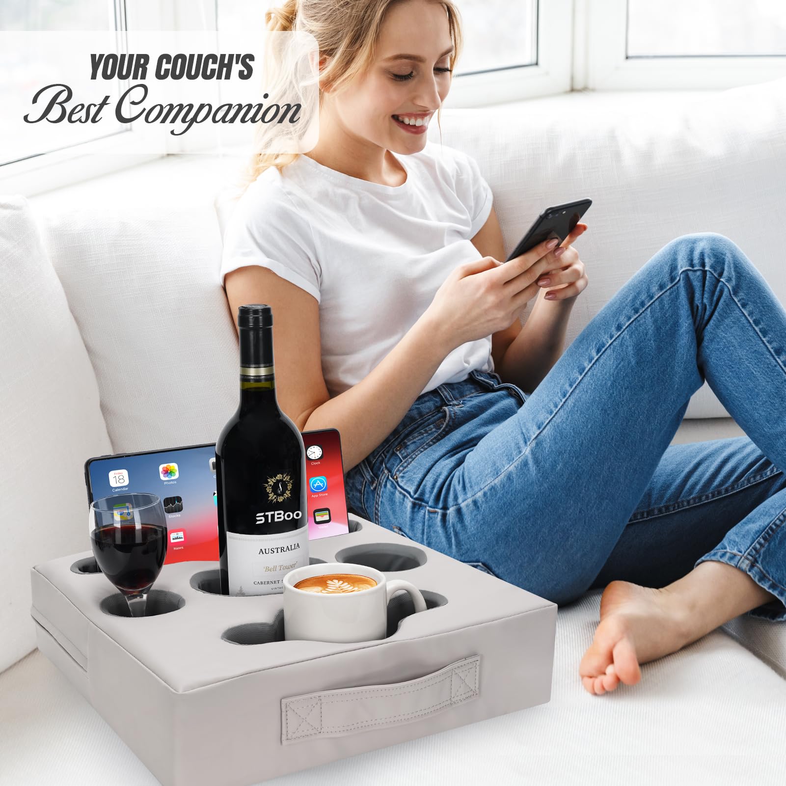 Stboo Couch Cup Holder Pillow Tray - Sofa Drink Cup Holder Cozy Buddy | Bed Caddy Organizer For Remote, Snacks Beverage, Phones,