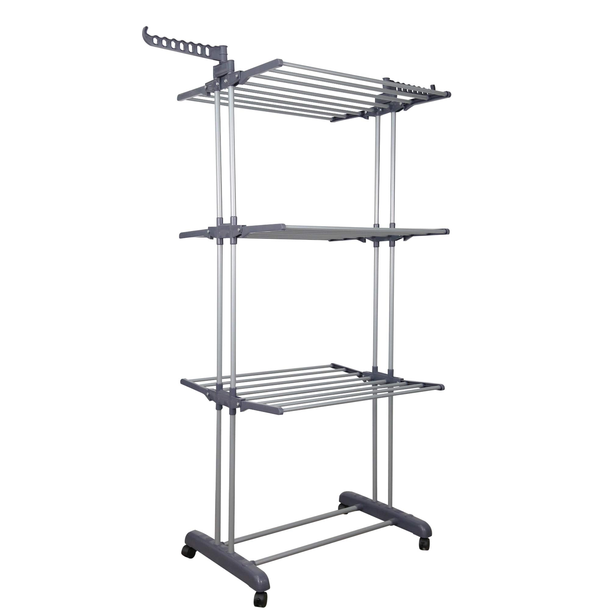 Youud Clothes Drying Rack 3-Tiers With Retractable Trays, Collapsible Shelves, Rolling And Base With Casters, Stainless Laundry