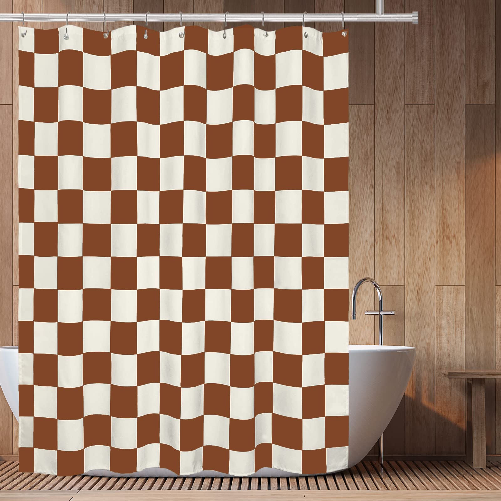 Tititex Aesthetic Checkerboard Grid Pattern Shower Curtain, Beige Caramel Brown Modern Shower Curtain Sets Decoration 71X71 Inch