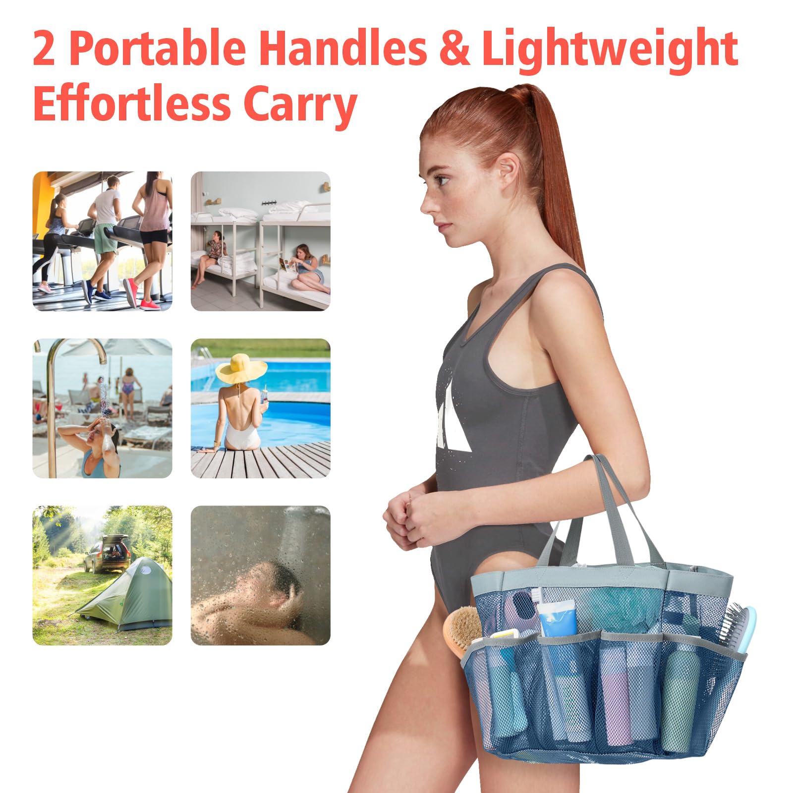 F-color Mesh Shower Caddy Portable  Upgrade Deeper 7 Pockets Shower Caddy Basket Tote for College Dorm Room Toiletry Bathroom Essentials Gym Camp Quick Dry 2 handles Shower Bag with S Hook  Navy Blue