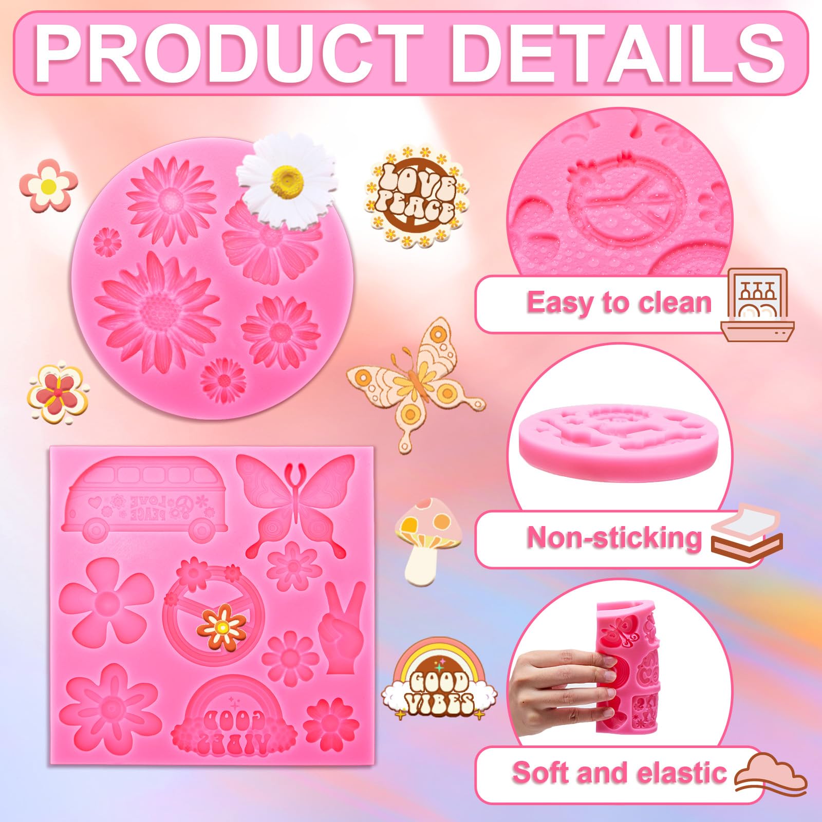 Bokon 4 Pcs Groovy Silicone Molds Fondant Molds Peace Sign Silicone Mold Hippie Rainbow Flower Chocolate Mold For Groovy Hippie