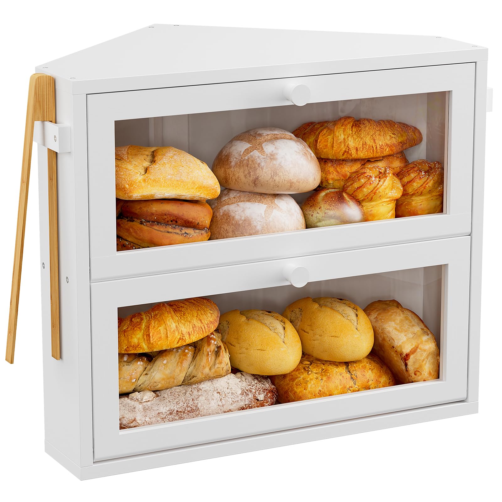 WOWLIVE Corner Bread Box for Kitchen Countertop, Large Double Layer Bread Storage Container for Homemade Bread, Black Bread Hold
