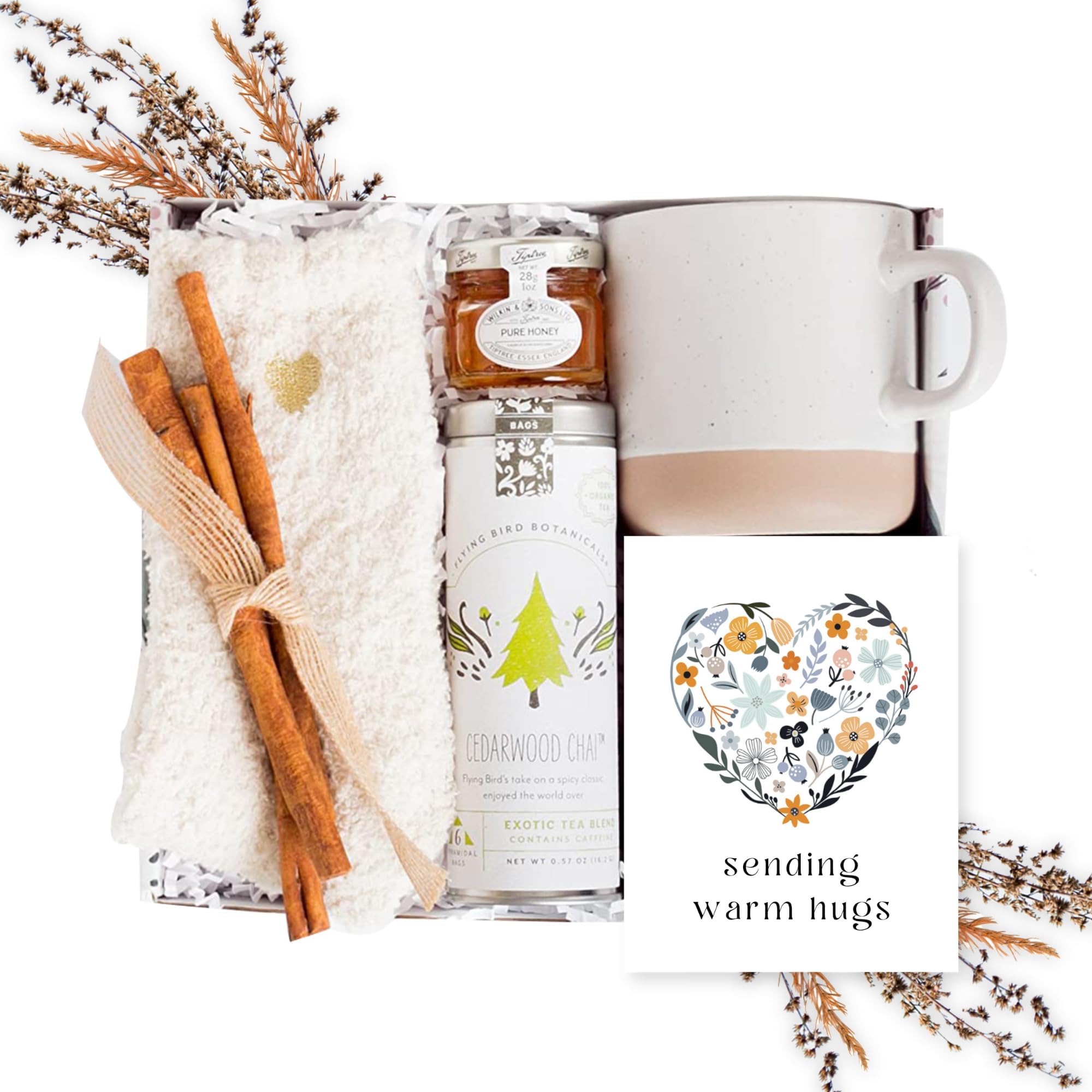 Unboxme Tea Lover'S Gift Basket - Soothing Self- Care Box With Fluffy Socks, Ceramic Mug, Chai Tea, Honey & Cinnamon. Perfect Se