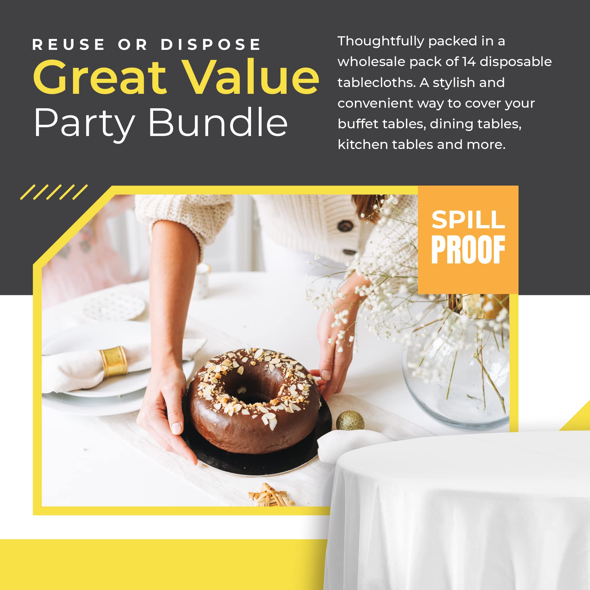 14 Pack Premium Round White Plastic Tablecloth - 84 X 84 In. Disposable Round Plastic Table Cloth - Decorative Round Table Cover