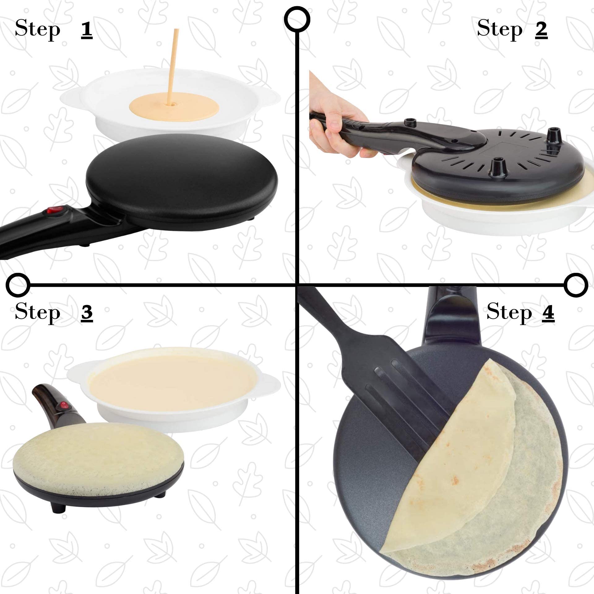 Moss & Stone Electric Crepe Maker With Auto Power Off, 8 Inch Portable Crepe Maker & Non-Stick Dipping Plate, On/Off Switch, Non