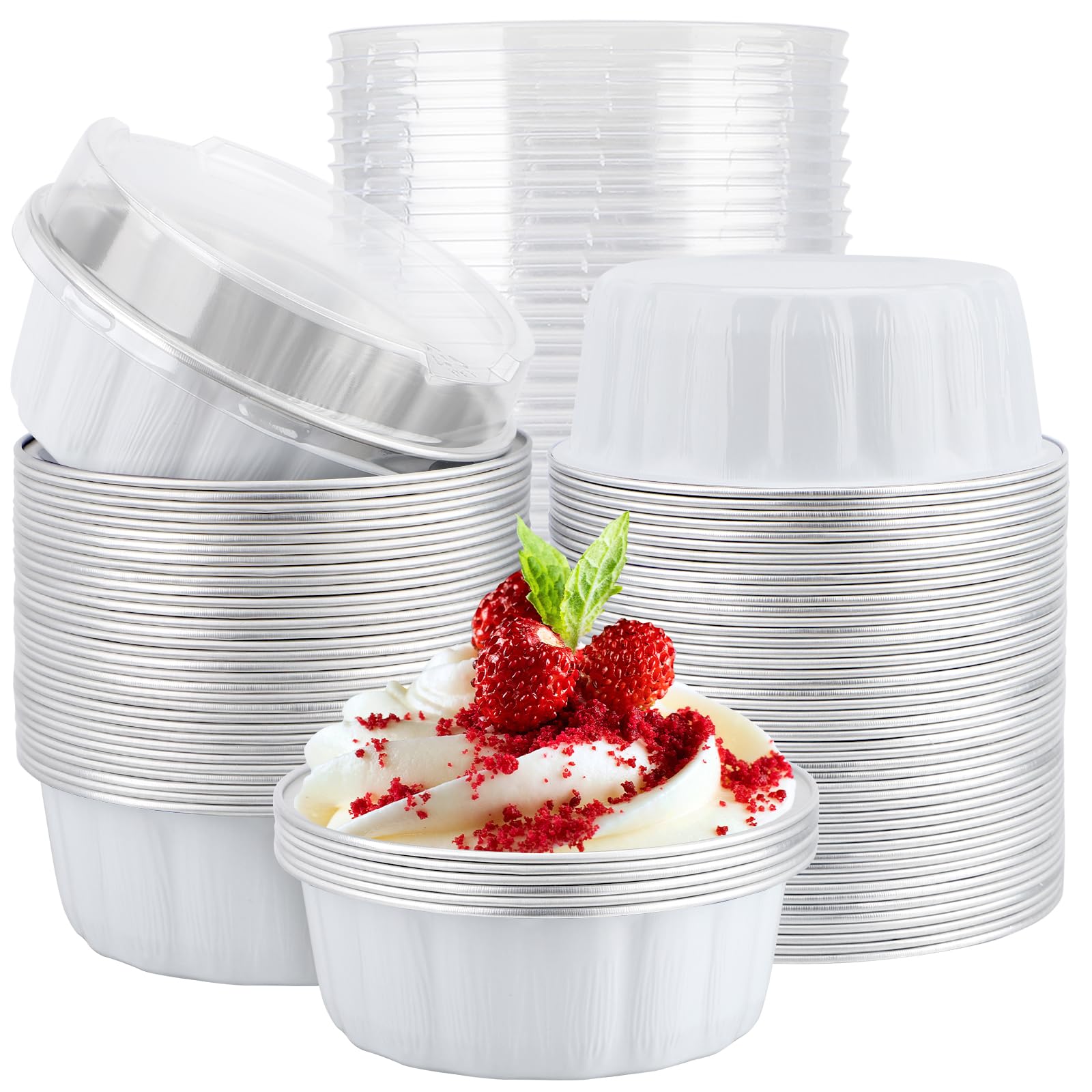 EUSOAR Disposable Ramekins with Lids, 100pcs 9oz White Deli Containers Foil Cupcake Liners for Baking, Mini Aluminum Pans Pie Cu