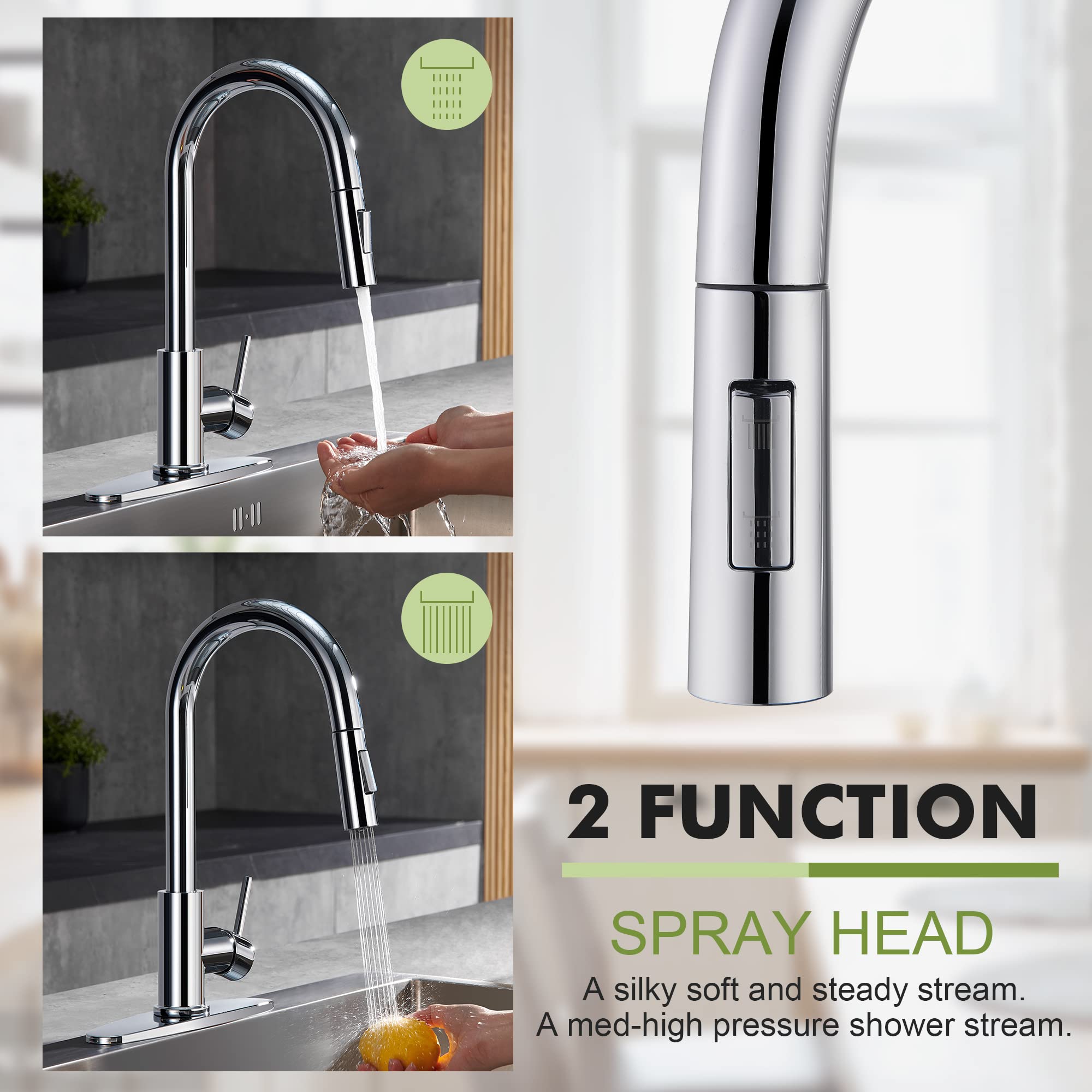 Tohlar Chrome Kitchen Faucets with Pull Down Sprayer  Single Handle Kitchen Sink Faucet Modern Staninless Steel Kitchen Faucet with Deck Plate