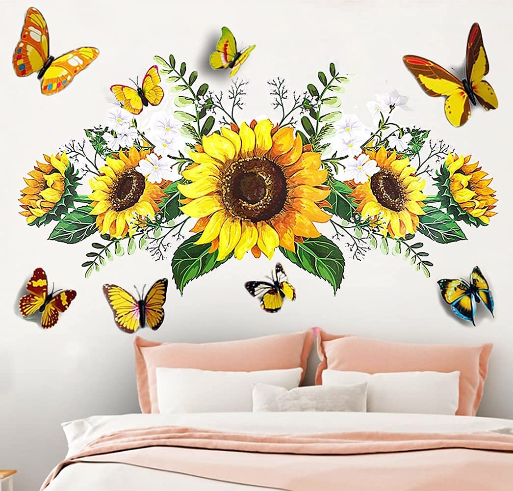 Sunflower Wall Stickers With 3D Butterfly Wall Sticker, Yellow Flowers Wall Decal,Sprt Waterproof And Removable, Sunflower Wall