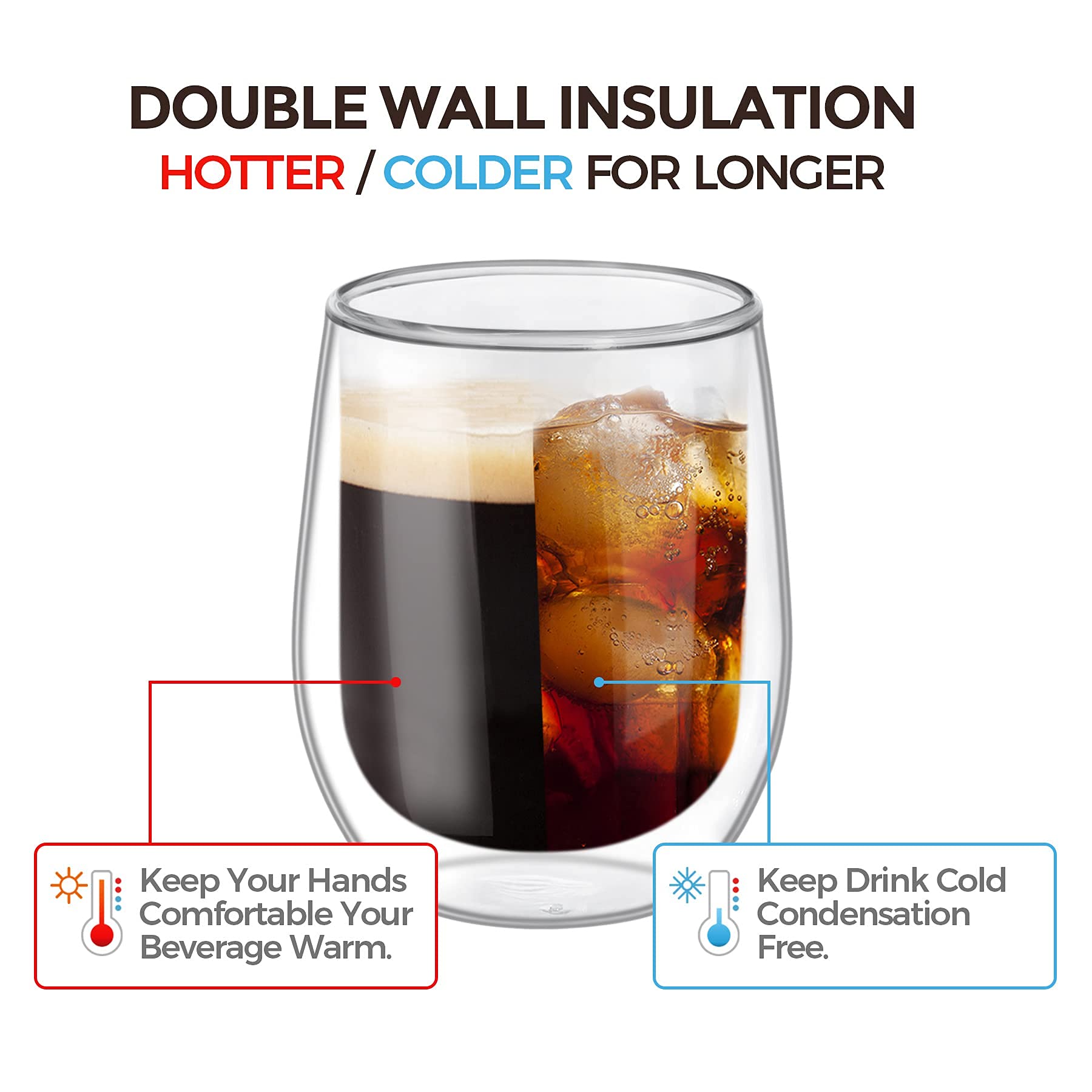 Comsaf Double Walled Glass Coffee Mugs(11 Oz/320Ml), Thermo Insulated Borosilicate Glasses For Coffee Tea Juice Latte Cappuccino