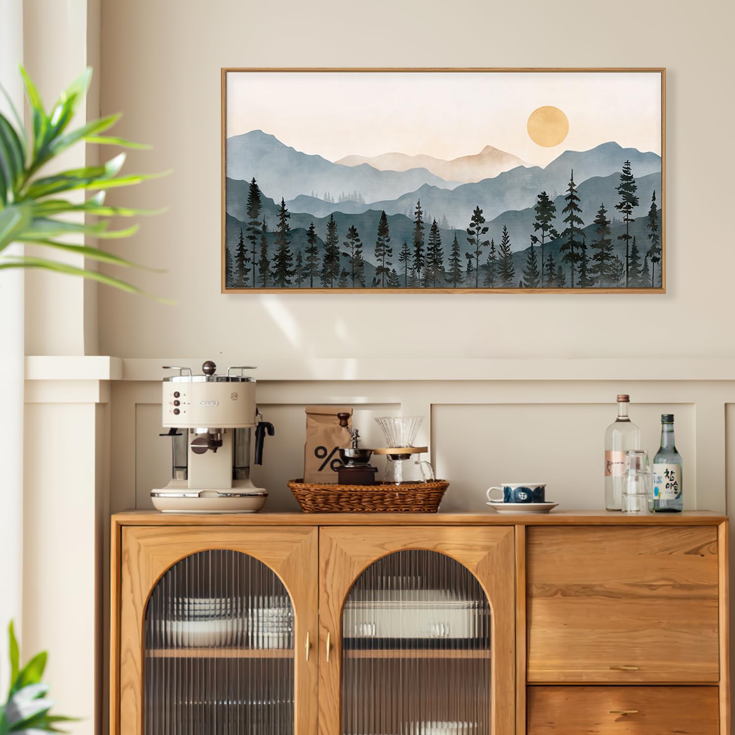 Lhiuem Boho Mountain Framed Canvas Wall Art Set,Forest Pine Tree Wall Decor,Nature Sunrise Wilderness Landscape Art Painting For