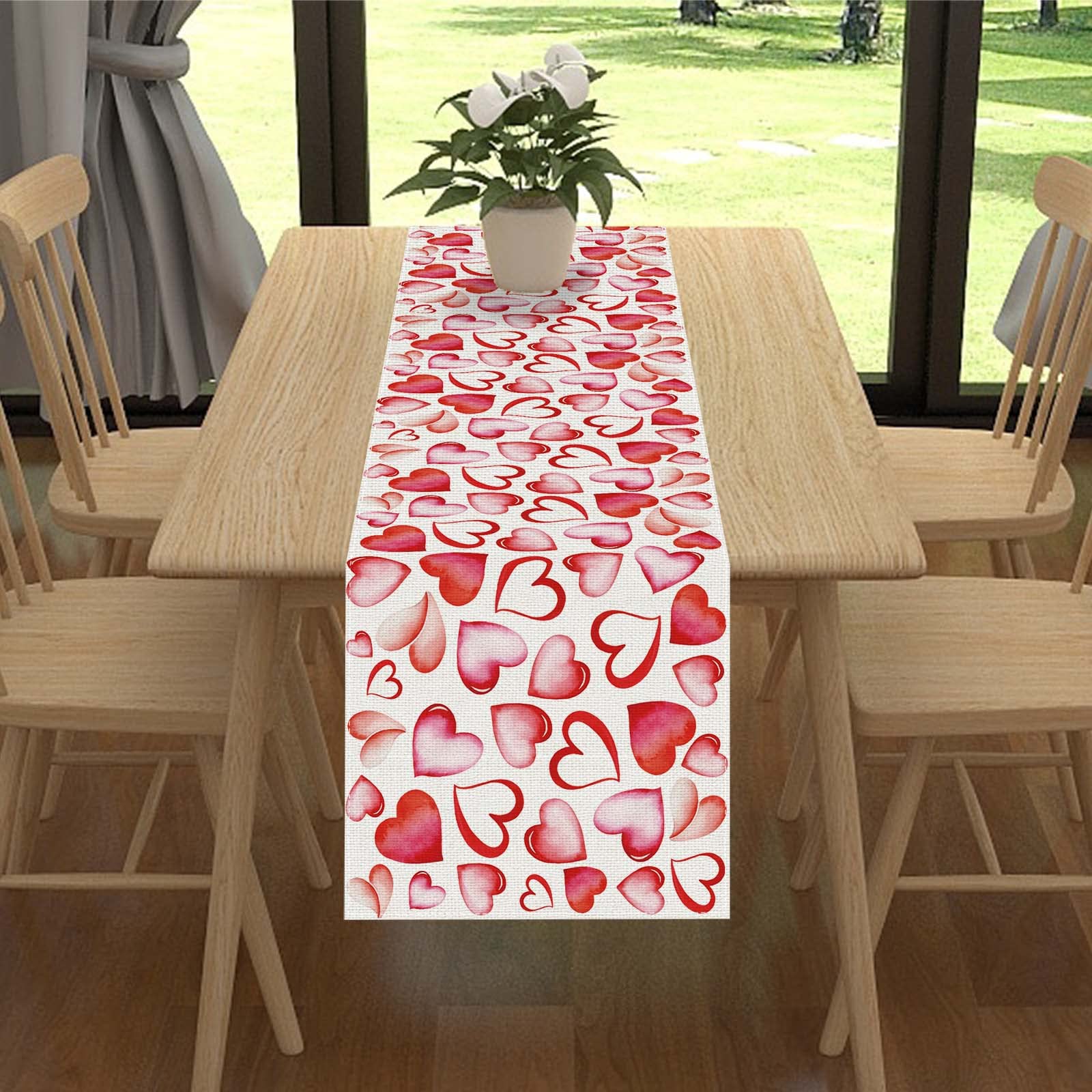 Linen Pink Watercolor Heart Valentines Day Table Runner 72 Inches Long Sweetest Day Wedding Anniversary Home Kitchen Dining Room