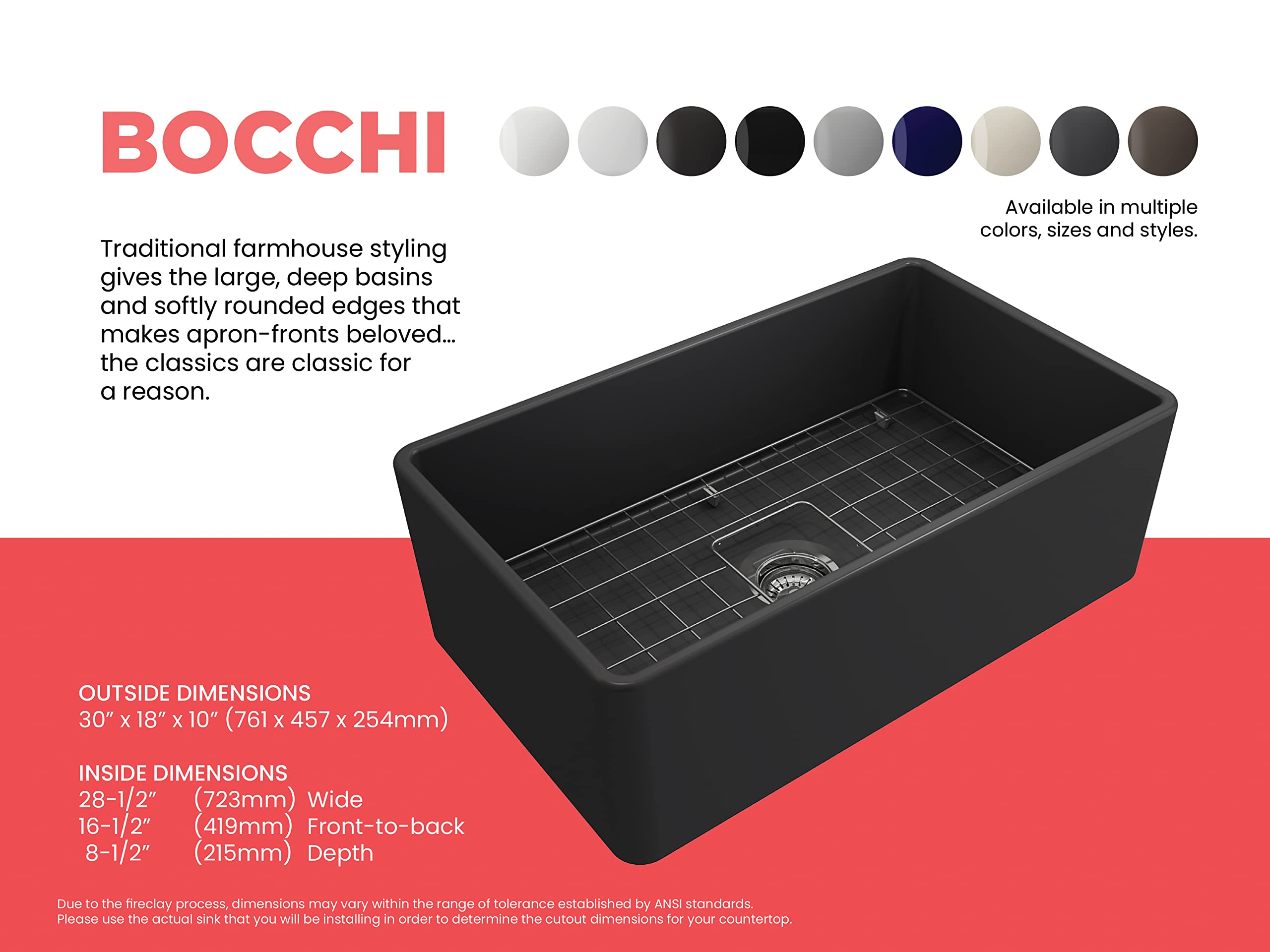 Bocchi Classico Farmhouse Apron Front Fireclay 30 In. Single Bowl Kitchen Sink With Protective Bottom Grid And Strainer In M.Dar