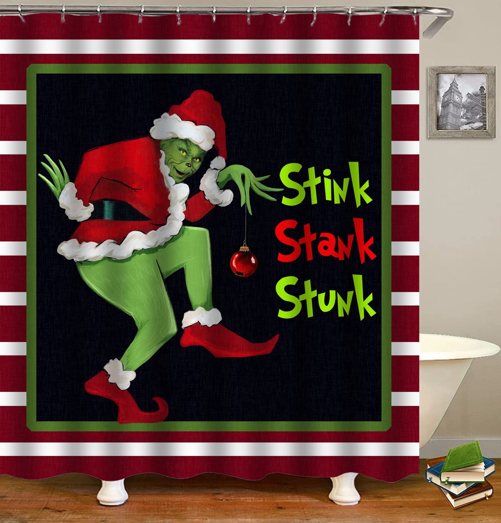 Shocaws Christmas Shower Curtain 72X72 Inches - Polyester Fabric With Weighted Hem Design, Includes 12 Hooks, Xmas Holiday Bathr