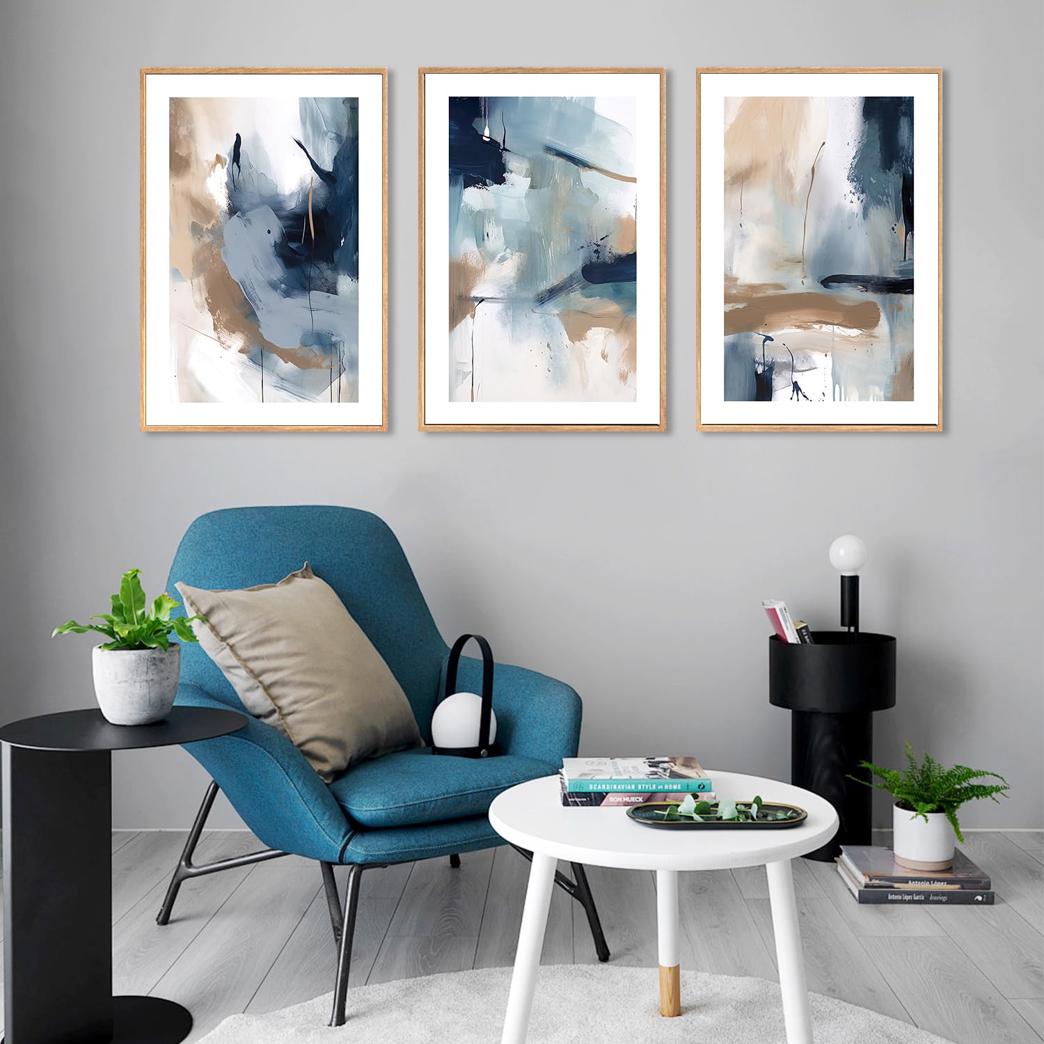 Lhiuem Large Navy Blue Brush Strokes Framed Canvas Wall Art Set,Abstract Neutral Art Painting,Modern Pastel Brown Artwork,Minima