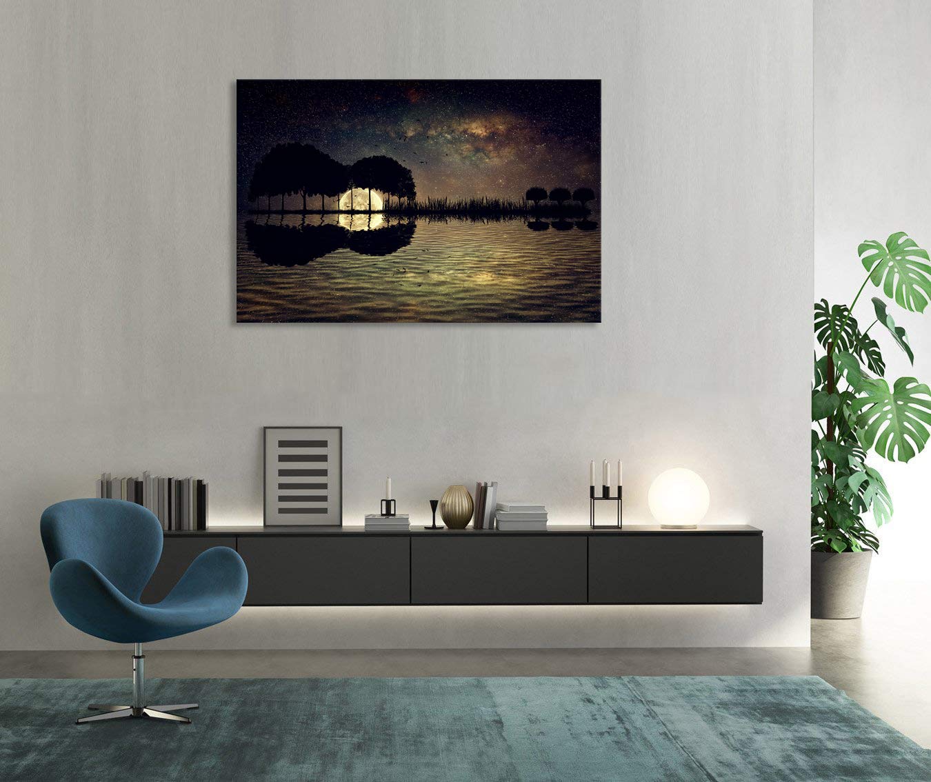 Urttiiyy Abstract Guitar Trees Arranged In A Shape Of A Guitar On A Starry Sky Background In A Full Moon Night Guitar Canvas Wal