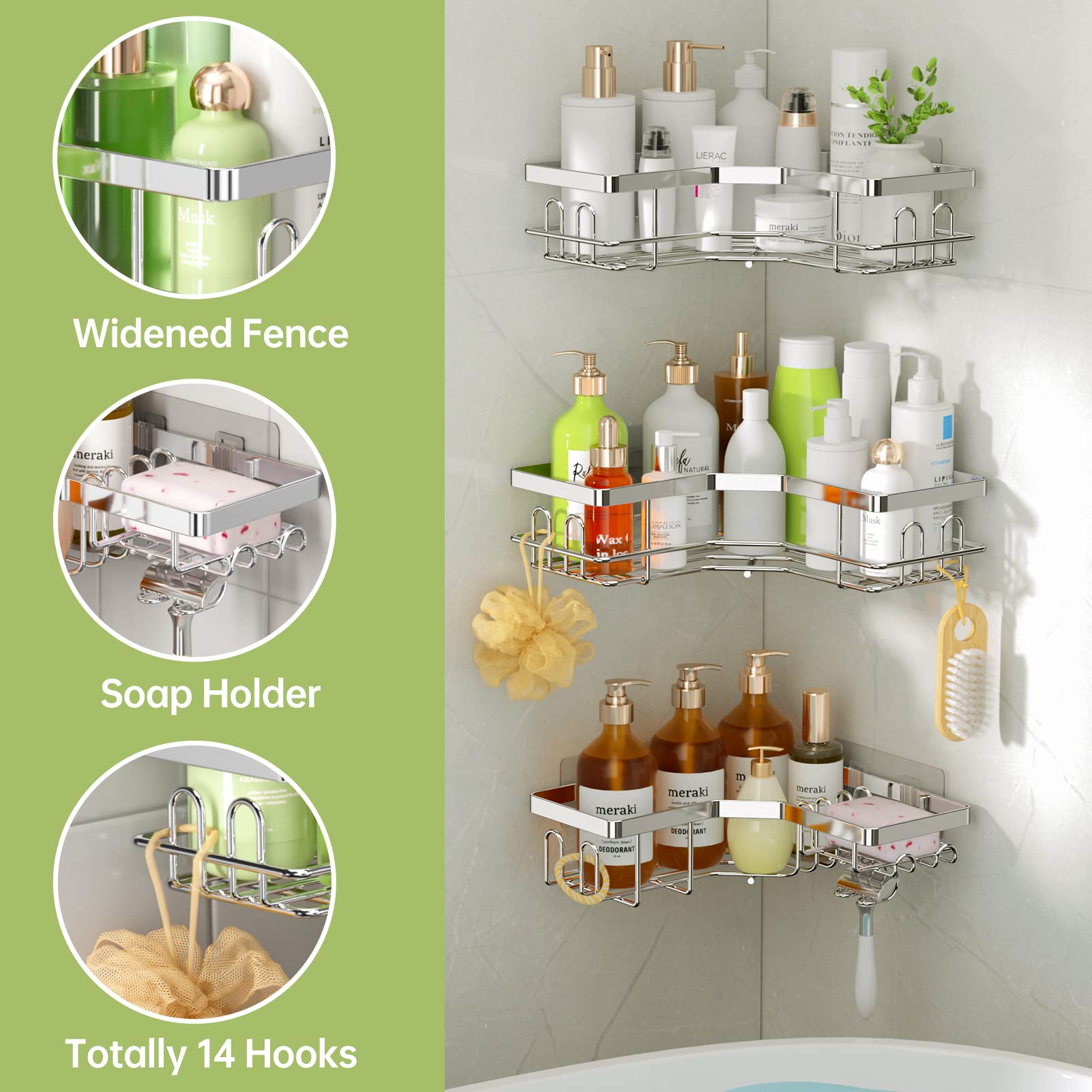 Topchase Corner Shower Caddy, Shower Organizer With Soap Dish, 14 Hooks, Adhesive Shower Shelf For Inside Shower, 3 Pack Shower