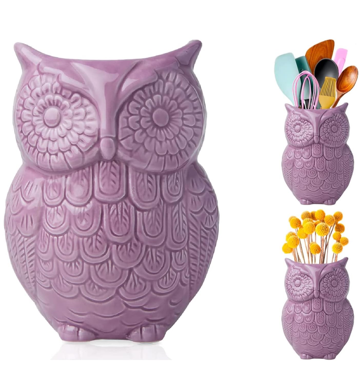 Comfify Owl Utensil Holder Decorative Ceramic Cookware Crock & Organizer, In Lovely Purple Color - Utensil Caddy And Perfect Kit