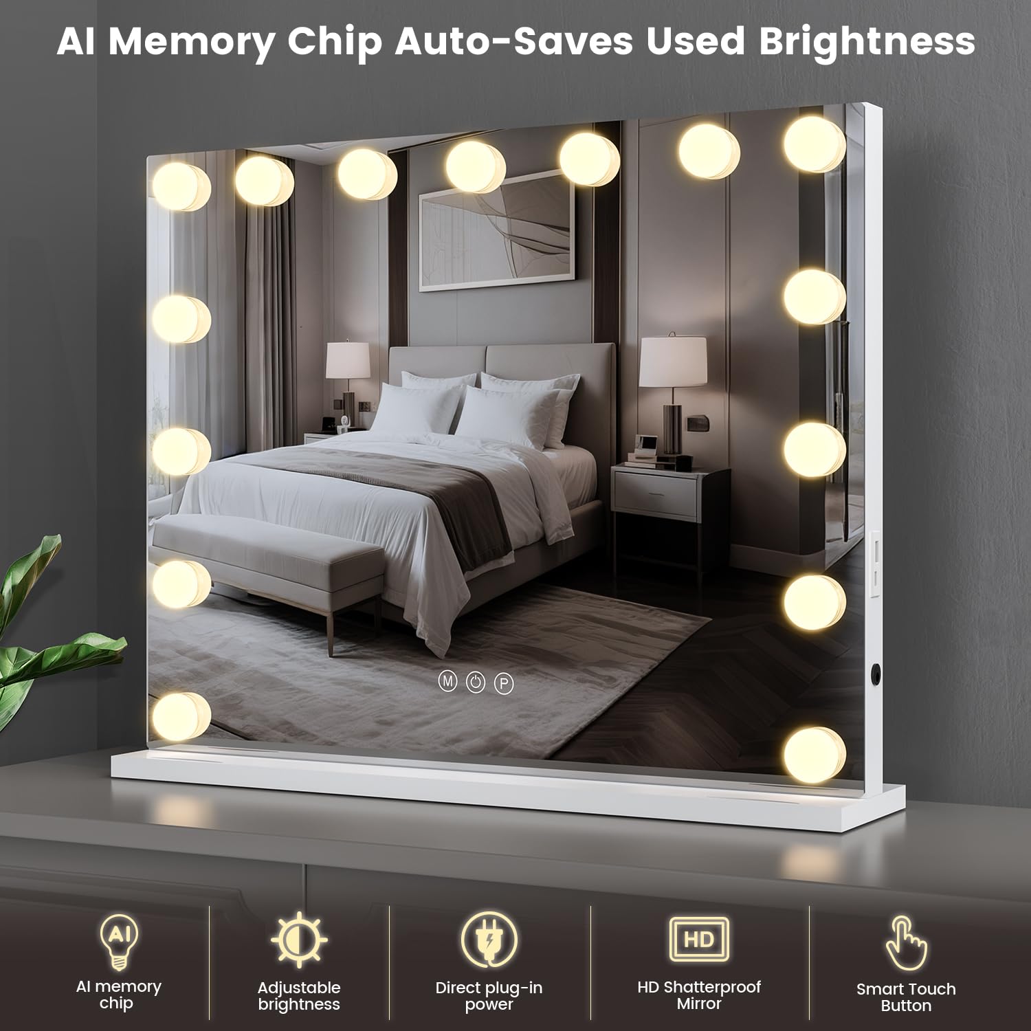 VESAUR Large Vanity Mirror with Lights, Hollywood Makeup Mirror with 15 Dimmable Bulbs 3 Light Colors, Detachable 1X/10X/15X Mag