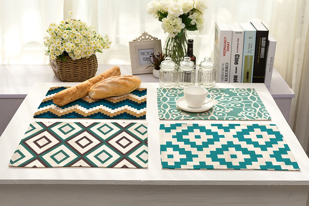 Hacaso Geometric Pattern Cotton Linen Placemats Set Of 6 Dining Table Mats(2)