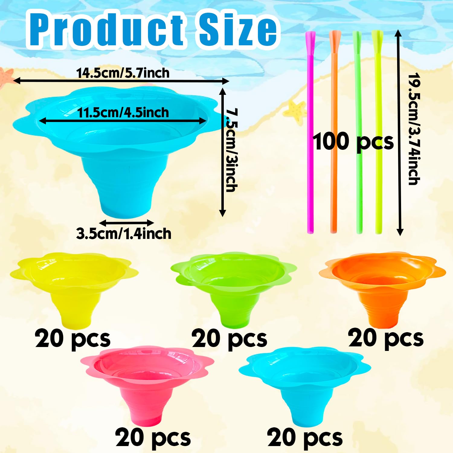 Haawooky 200Pcs 4Oz Snow Cone Cups With Spoon Straws,Flower Shaped Ice Cream Snacks Cup,Colorful Reusable Plastic Bowls Easy Gri