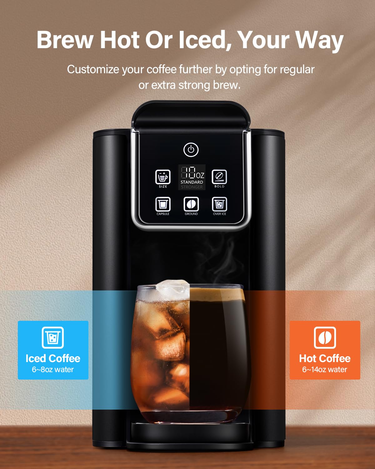 SHARDOR Single Serve Coffee Maker KC101, Hot & Iced, 6-14 oz, Stainless Steel, Matt Black, 50 oz Tank, Bold Brew Setting