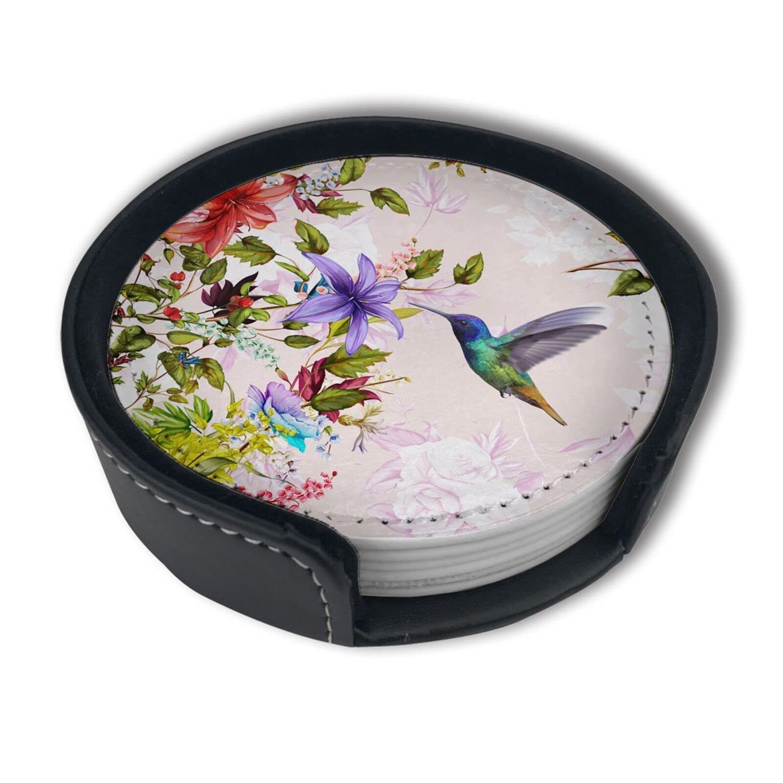 Hummingbirds Bird Flower Coasters For Drinks With Holder Leather Coasters Set Of 6 Table Decor Protect Furniture From Water Mark