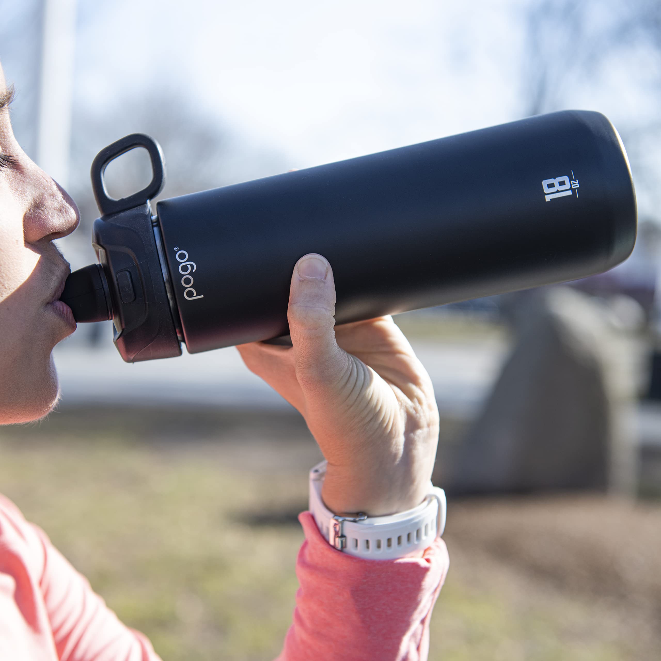 Pogo Active Vacuum Insulated Stainless Steel Water Bottle With Leak Proof Chug Lid And Silicone Carry Loop, Powdercoat, Black, 1